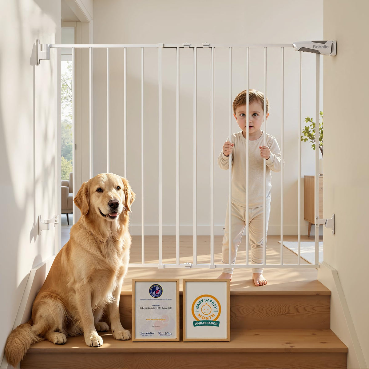 Babelio 34" Extra Tall No Bottom Bar Baby Gate, 26-43", Brown Wood Pattern