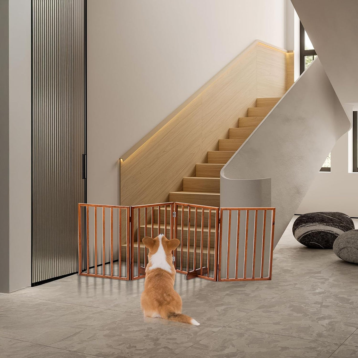 Outvita Freestanding Dog Gate, 24" H Foldable Wooden Pet Barrier Fence, 4-Panel Extra Wide Pet Fence with Support Feet for Stairs, Hallways,Doorways(Brown)