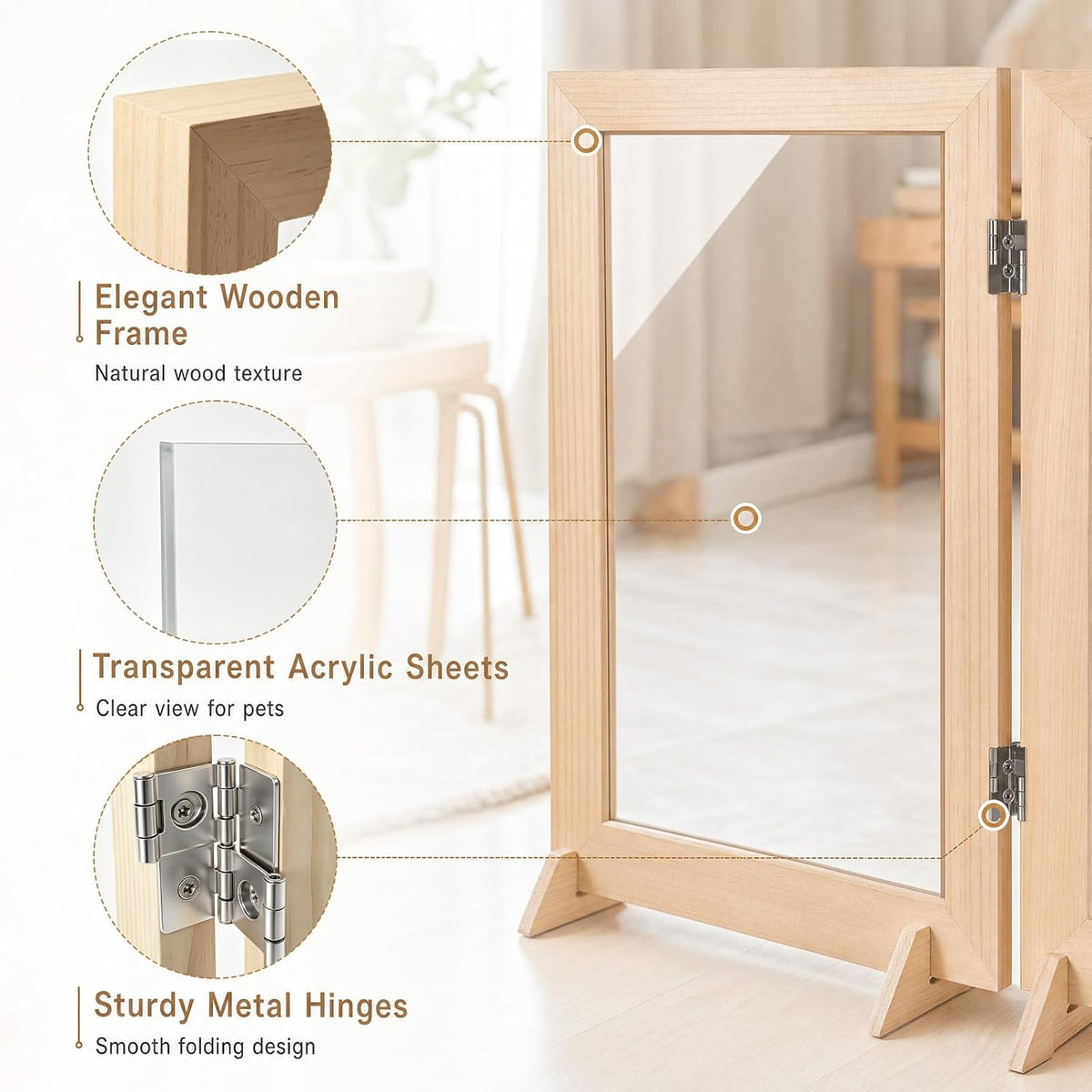 Wood Clear Dog Gate, Clear Acrylic Pet Gate for Dogs, Free Standing Pet Gates with Wooden Legs Prevent Tipping for Doorways, 3-Folding Freestanding Puppy Cat Fence, Dog Barriers for Indoor