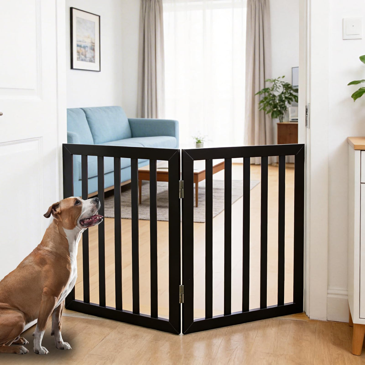 Dog Gate Indoor, Freestanding Dog Fence for The House, Doorways, Hallways,or Stairs,Pet Gate Foldable Wooden,Expandable 24" Height 3 Panels,Brown