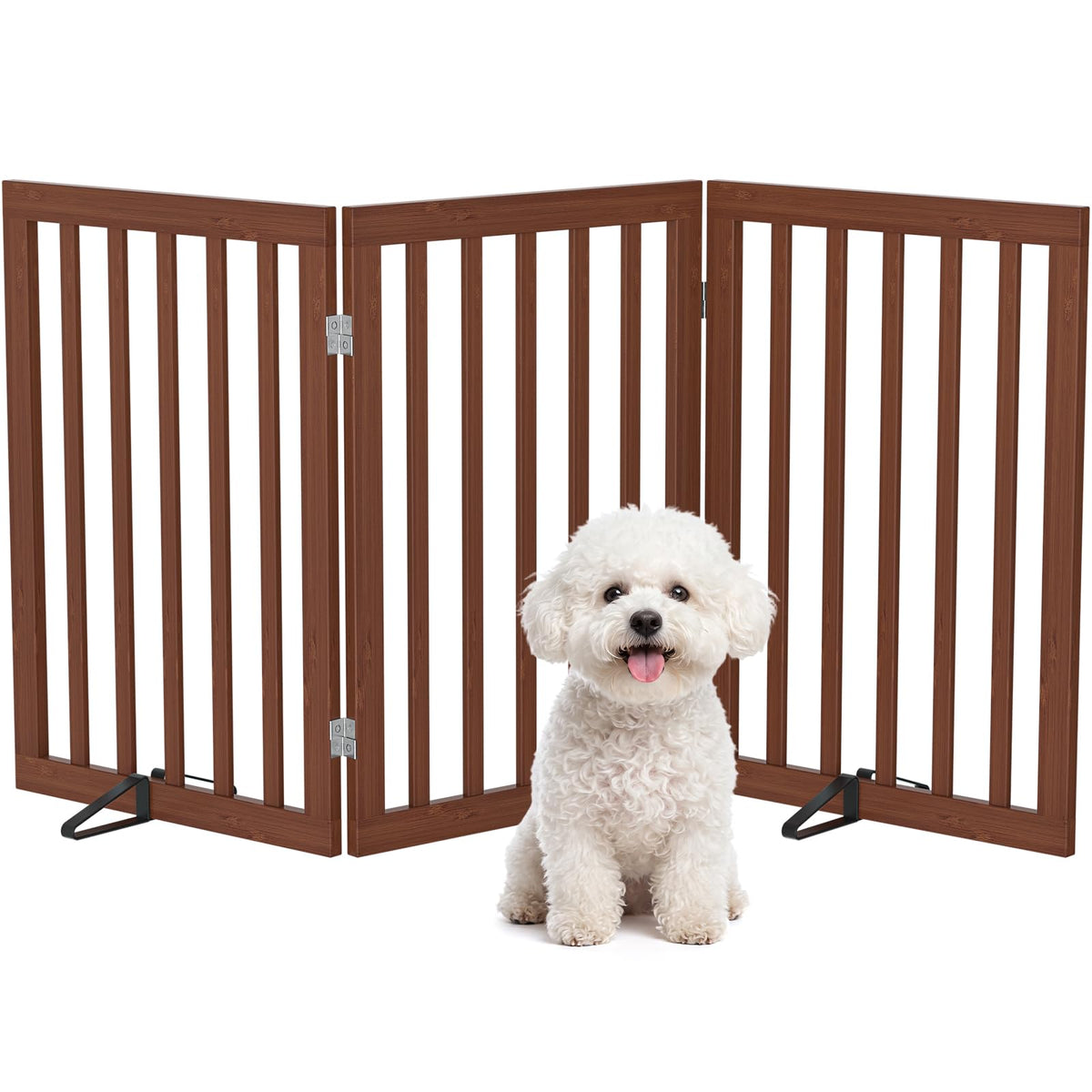 Homykic Freestanding Dog Gate Indoor, 75”W X 24”H Bamboo Pet Gate, Walnut