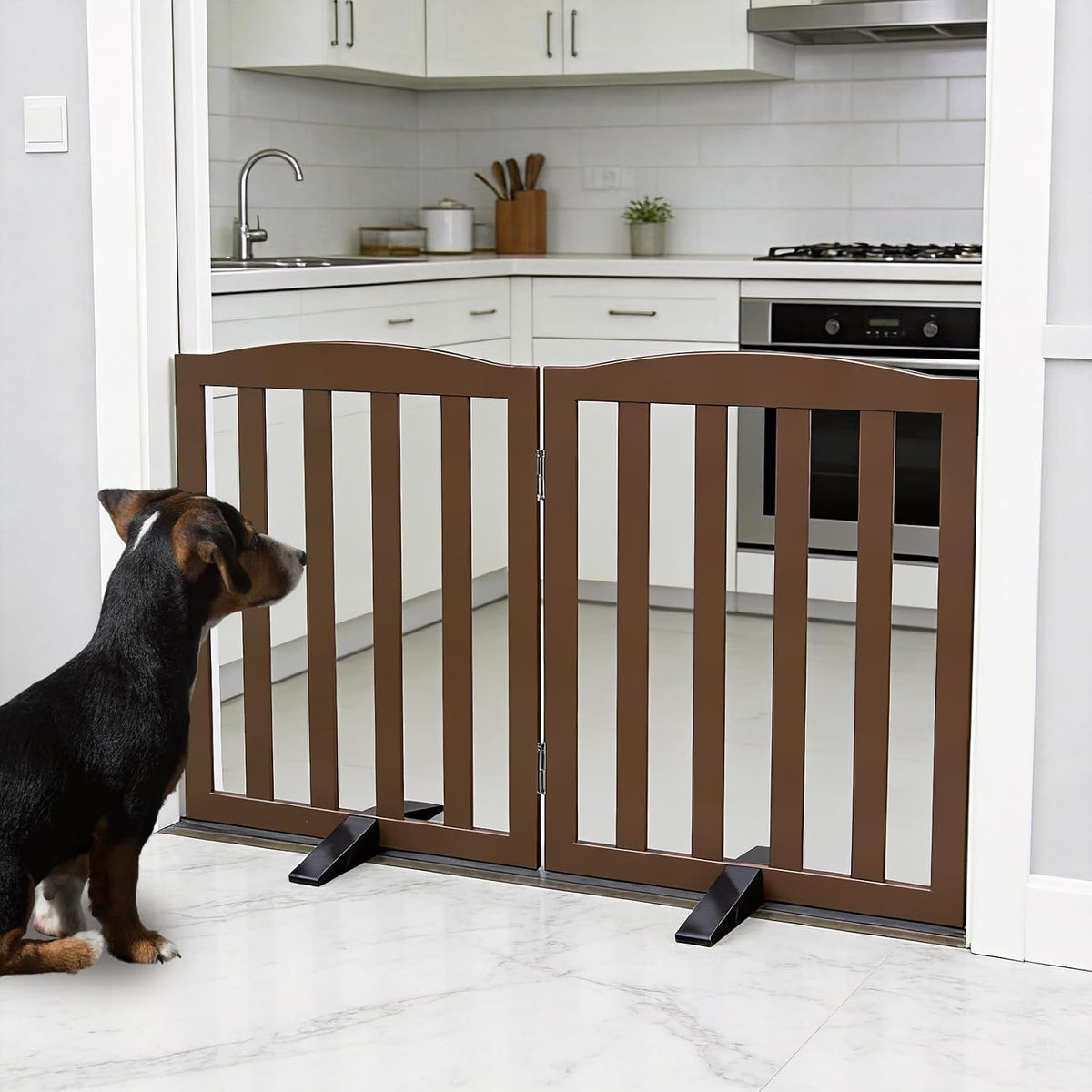 Freestanding Dog Gate Indoor,Doggie Gate Foldable Pet Gates for Doorways,Stairs or Hallways, Wooden Brown Pet Gate for the House, Pet Fence with Support Feet Included,24 "Height-2 Panels
