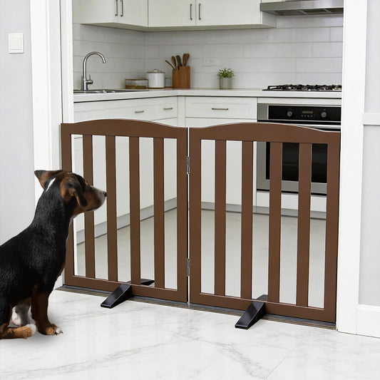 Freestanding Dog Gate Indoor,Doggie Gate Foldable Pet Gates for Doorways,Stairs or Hallways, Wooden Brown Pet Gate for the House, Pet Fence with Support Feet Included,24 "Height-2 Panels