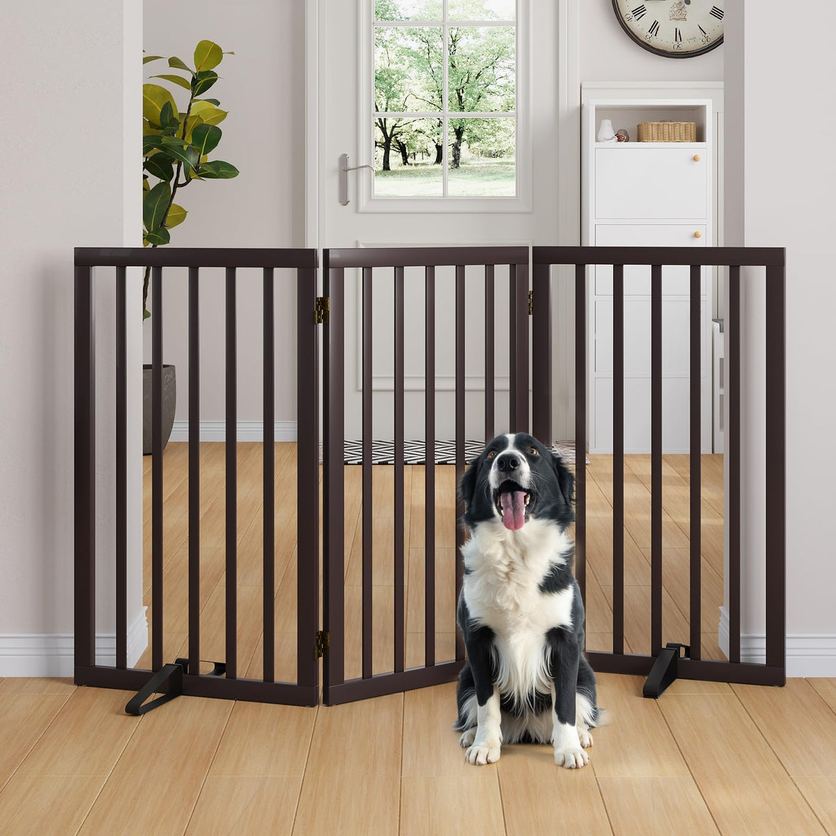 Semiocthome Dog Gate Indoor 2-Panel Freestanding Puppy Gates for The House with 2 Metal Stands 24" H Folding Wood Pet Gate for Stairs Doorway, Fully Assembled Safety Fence - Walnut