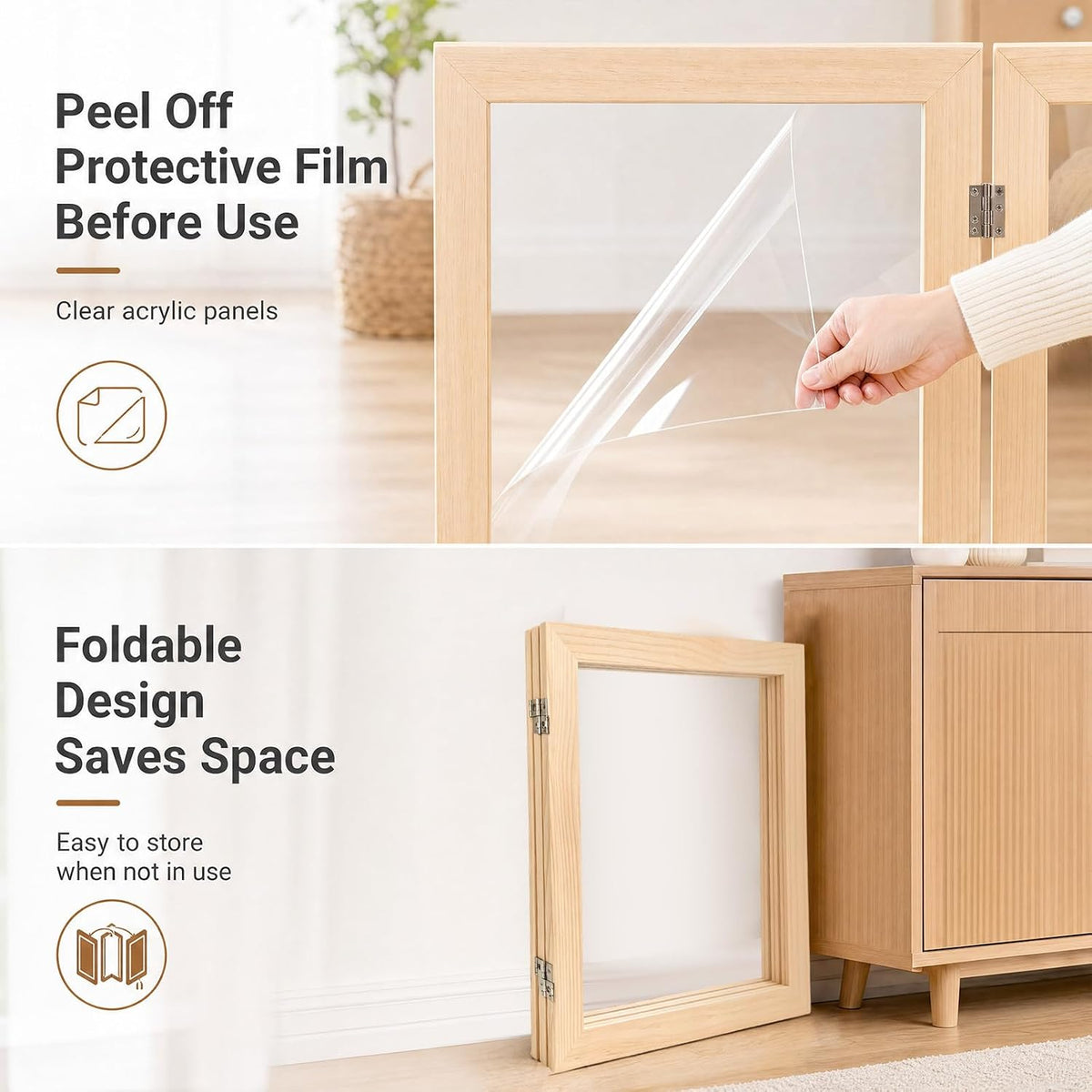 Wood Clear Dog Gate, Clear Acrylic Pet Gate for Dogs, Free Standing Pet Gates with Wooden Legs Prevent Tipping for Doorways, 3-Folding Freestanding Puppy Cat Fence, Dog Barriers for Indoor
