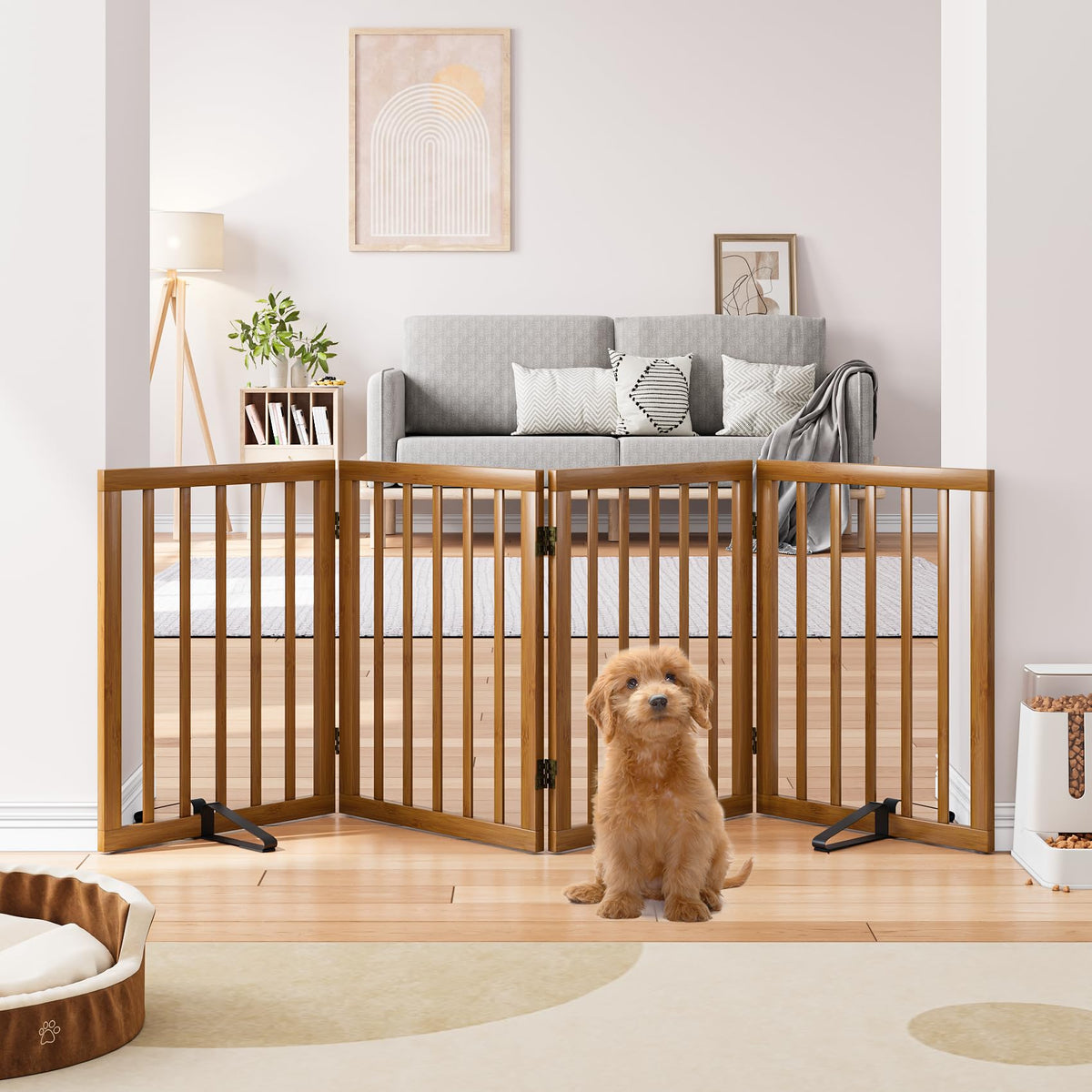 Semiocthome Dog Gate Indoor 2-Panel Freestanding Puppy Gates for The House with 2 Metal Stands 24" H Folding Wood Pet Gate for Stairs Doorway, Fully Assembled Safety Fence - Walnut