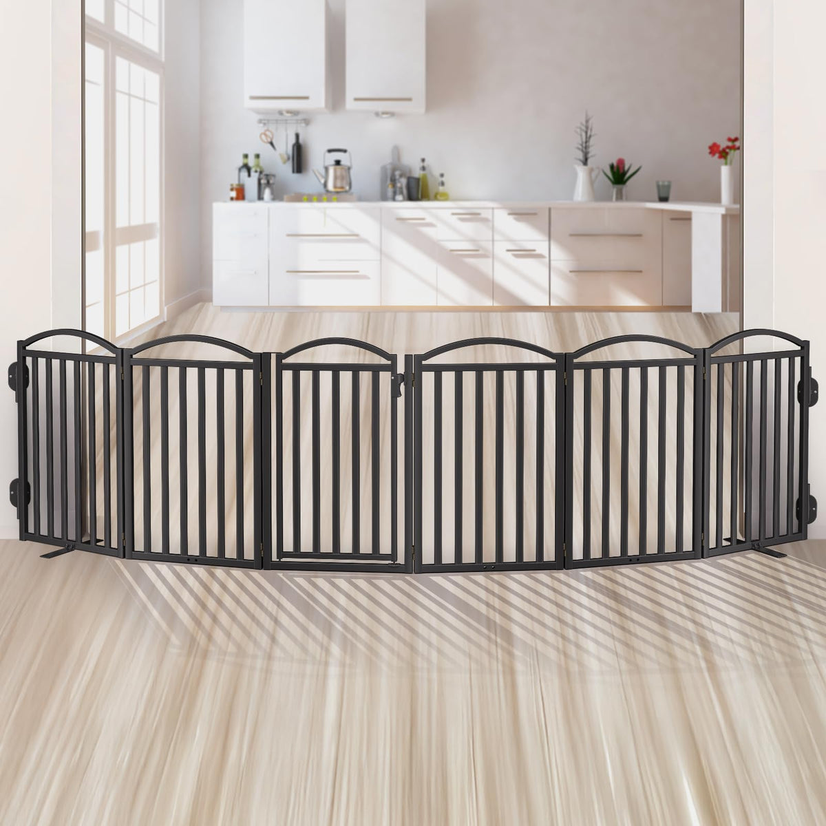 Malier Metal Freestanding Dog Gates, Outdoor Indoor Dog Fences, Extra Wide Foldable Puppy Gate for Stairs, Hallways, Yard