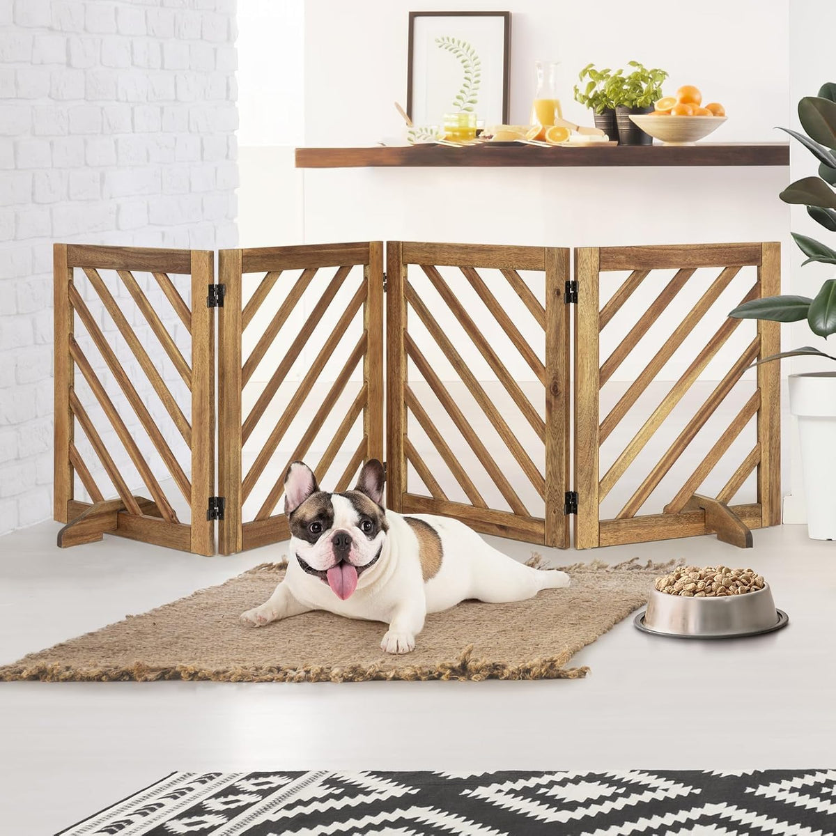dCee Solid Acacia Wood Dog Gate, Freestanding Walk-Through Pet Gate, 81" 4-Panel Foldable Wooden Dog Gates with Door & 2 Support Legs for Doorways, Kitchen, Hall, Stairs, Indoor & Outdoor