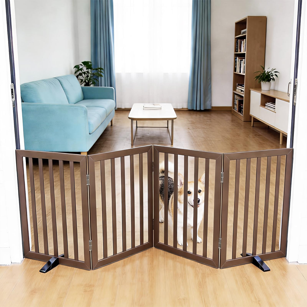 Dog Gate Indoor, Freestanding Dog Fence for The House, Doorways, Hallways,or Stairs,Pet Gate Foldable Wooden,Expandable 24" Height 3 Panels,Brown