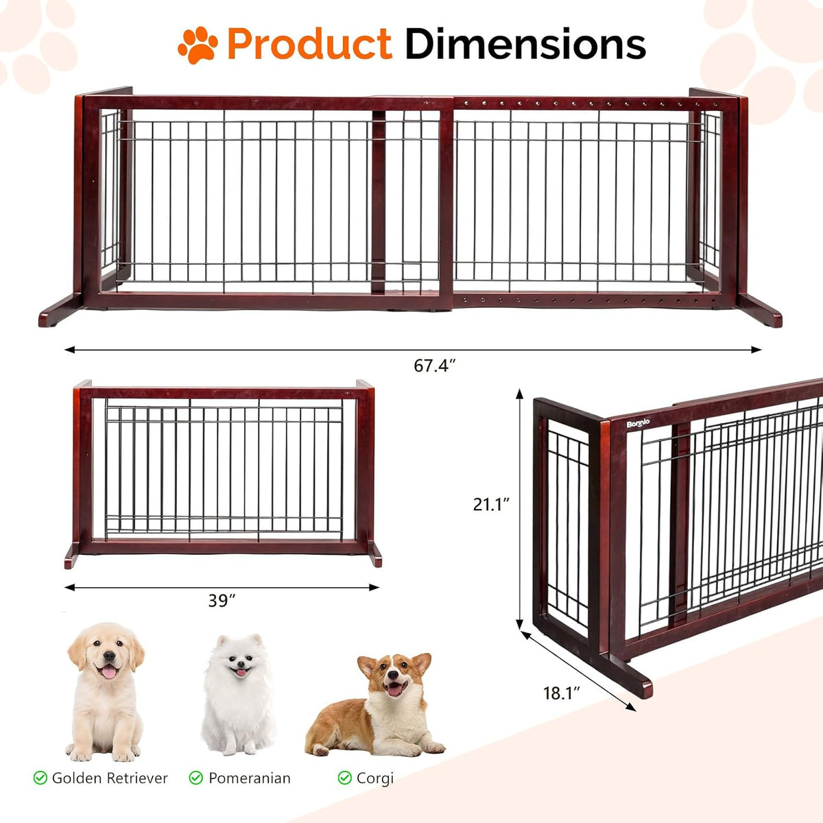 Bonnlo Free Standing Dog Gate, 39" - 68" Wide Pet Gate for Fireplace Stairs Doorways, Wooden Adjustable Pet Fence Indoor, Christmas Tree Gate (Cherry)