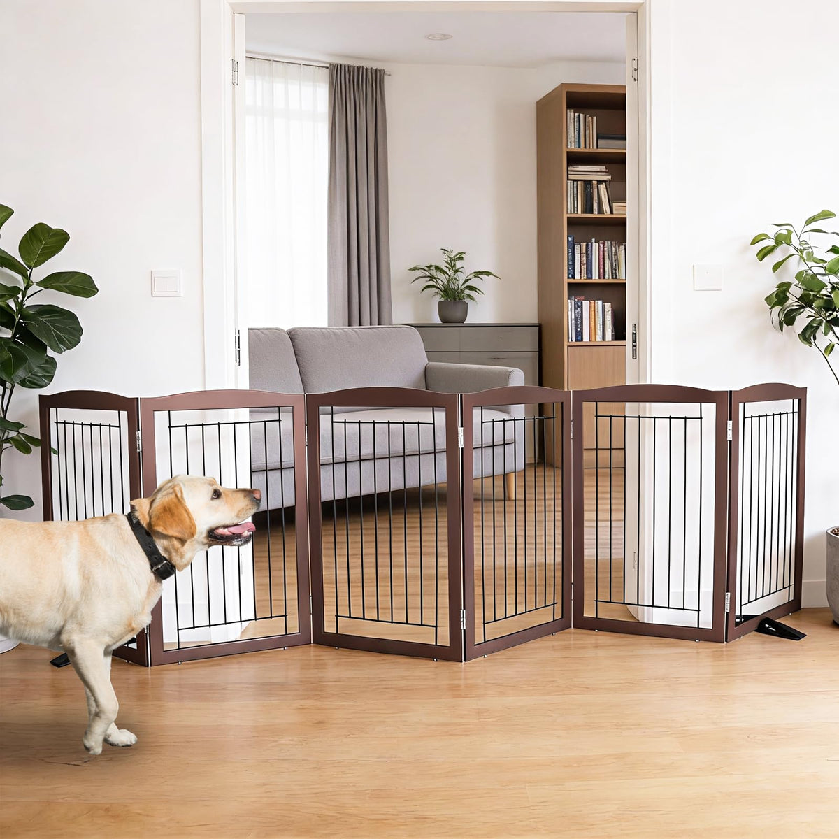 Dog Fence Indoor,Dog Gate Indoor for Doorway pet gate -3-Panel Freestanding, Hallways, House or Stairs -60x24-Inch Retractable Foldable Expandable Wood Pet by SFJC (Brown) ﻿