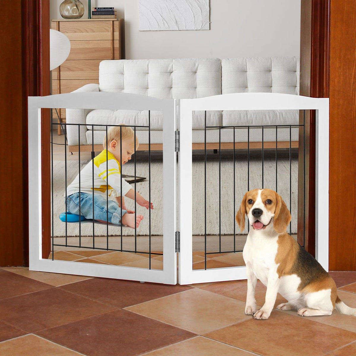 ZJSF Freestanding Foldable Dog Gate for House Extra Wide Wooden White Indoor Puppy Gate Stairs Doorways Pet Gate Tall Dog Fence 3 Panels Fence