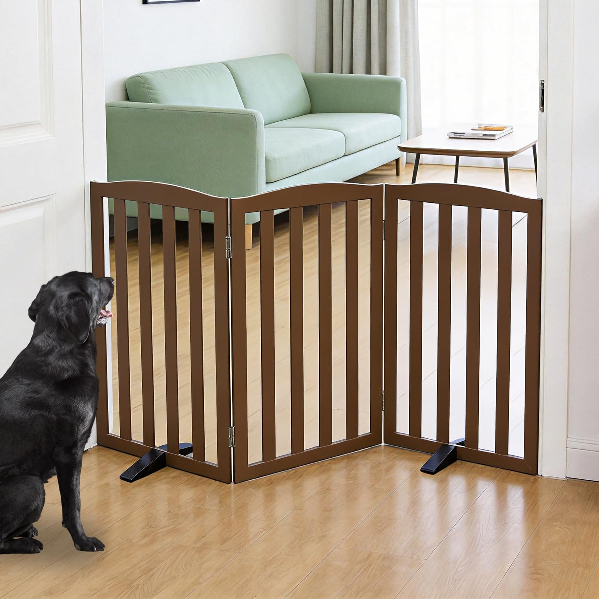 Freestanding Dog Gate Indoor,Doggie Gate Foldable Pet Gates for Doorways,Stairs or Hallways, Wooden Brown Pet Gate for the House, Pet Fence with Support Feet Included,24 "Height-2 Panels