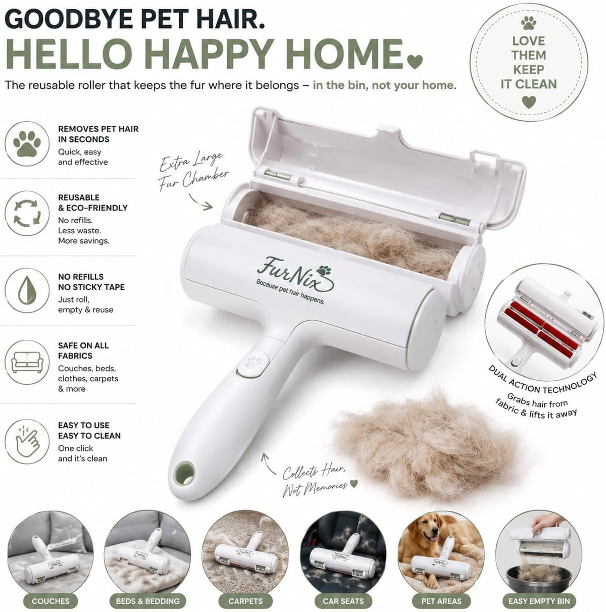 Pet Hair Remover Roller – Reusable Lint Roller for Dog & Cat Hair – Self Cleaning Pet Hair Removal Tool for Furniture, Couch, Carpet, Bedding & Car Seats