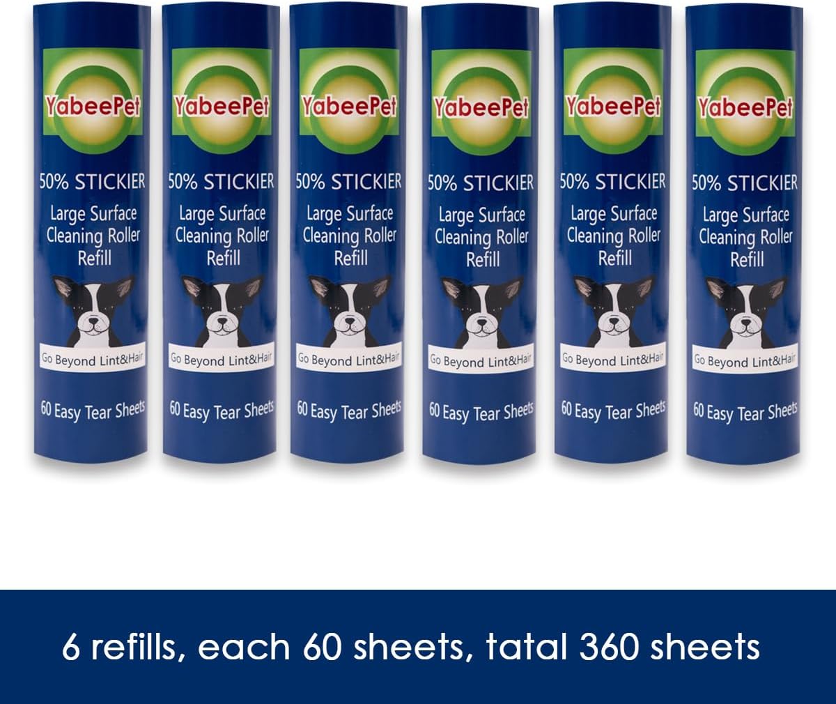 8 inch Large Surface Roller Refill for Scotch-Brite 50% Stickier Lint Roller, Works Great On Pet Hair (60 Sheets per Roll, 6 Pack)