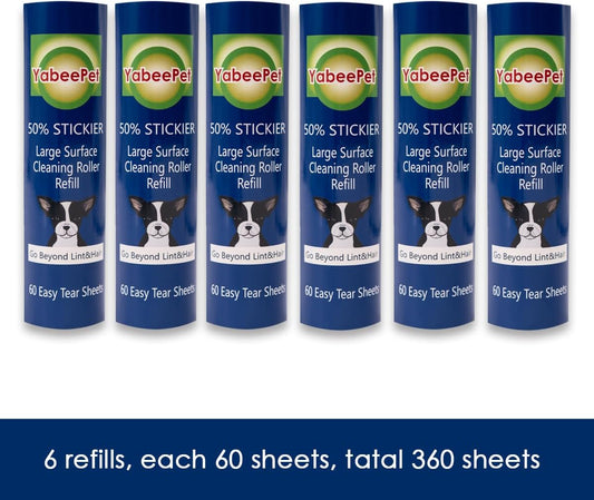 8 inch Large Surface Roller Refill for Scotch-Brite 50% Stickier Lint Roller, Works Great On Pet Hair (60 Sheets per Roll, 6 Pack)