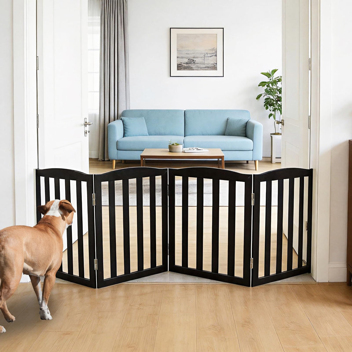 ZJSF Foldable Freestanding Indoor Dog Gate for House Wood White Long Pet Gates Dog Fence for Stairs Puppy Gates for Hallways, Puppy Gate,Support Feet Included, Brown, 24 "Height-3 Panels