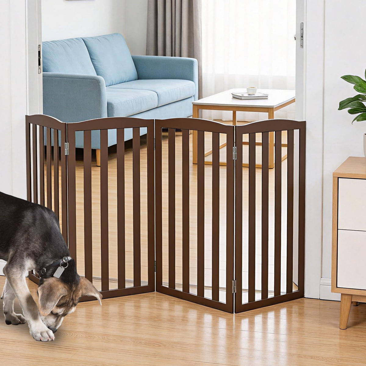 Freestanding Dog Gate Indoor,Doggie Gate Foldable Pet Gates for Doorways,Stairs or Hallways, Wooden White Pet Gate for the House, Pet Fence with Support Feet Included,24 "Height-3 Panels