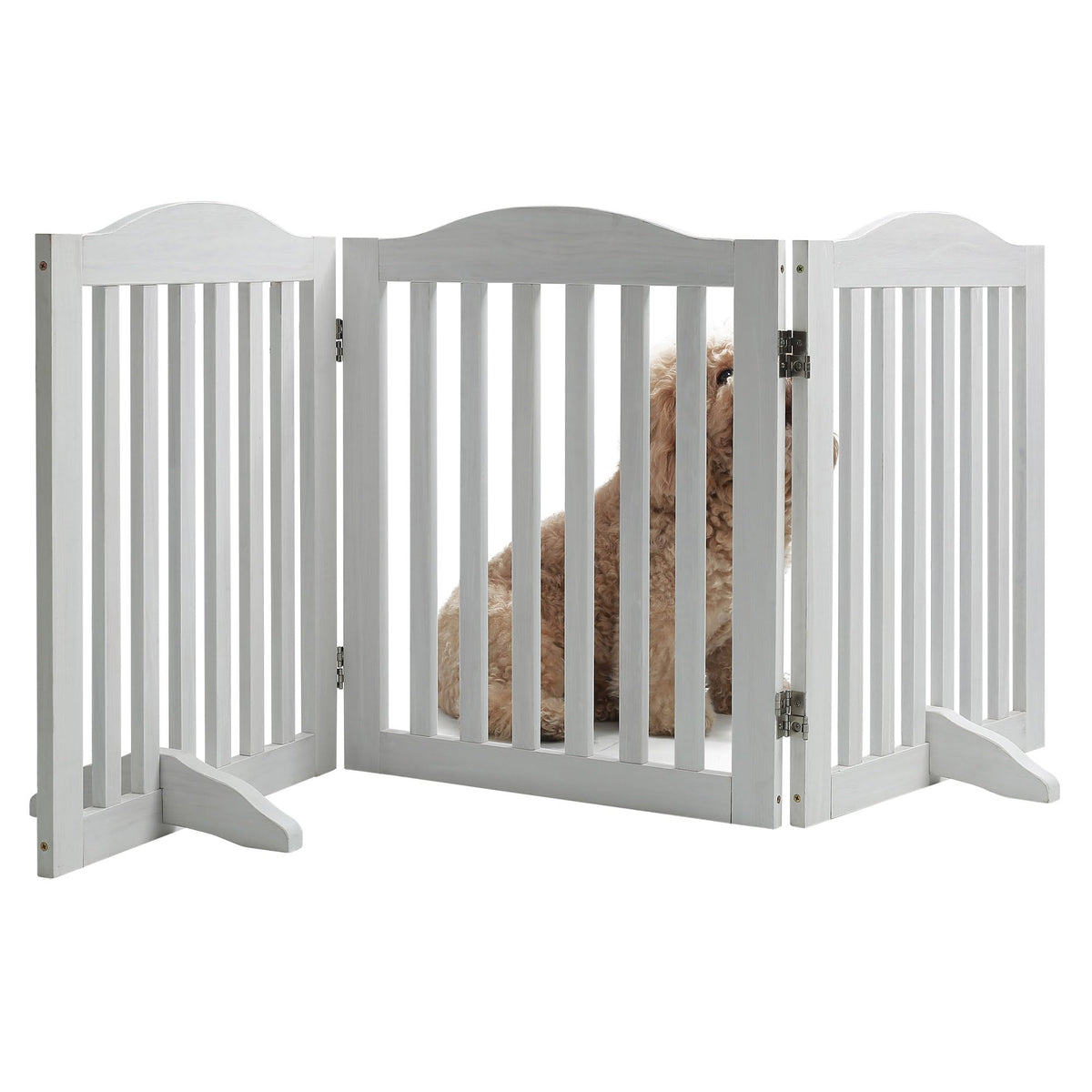 24 Inch Brown Foldable Dog Gate, 3-Panel Freestanding Solid Wood