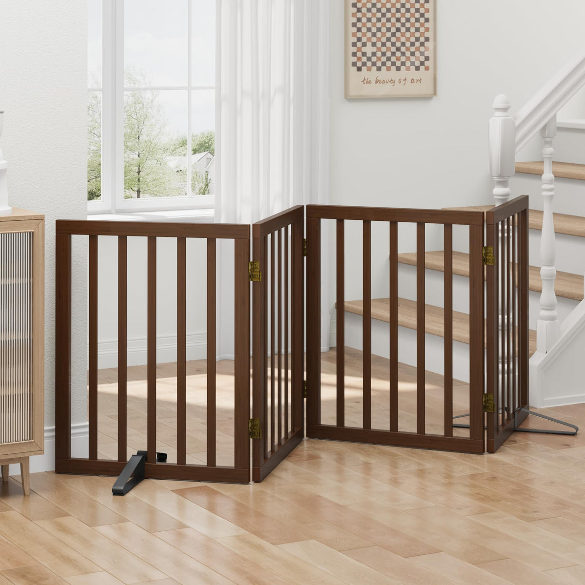 Dog Gates for Doorways, Tall Dog Gate Indoor, Foldable Pet Gates for Doorways Bedroom, Freestanding Puppy Gate with Metal Support Feet, Room Divider,3 Panels (Walnut)