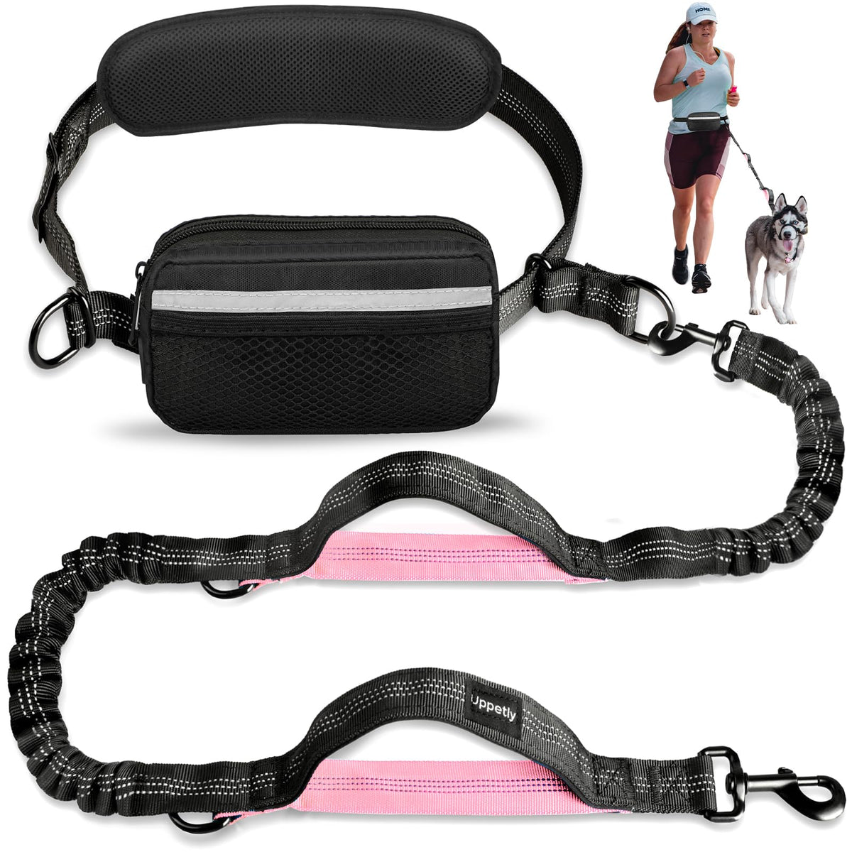 Uppetly Hands Free Dog Running Leash with Waist Belt, Dual Handle Elastic Bungees Retractable Rope for Medium and Large Dogs, Reflective Stitches for Walking Hiking Biking (Large Pink, 25-120lb