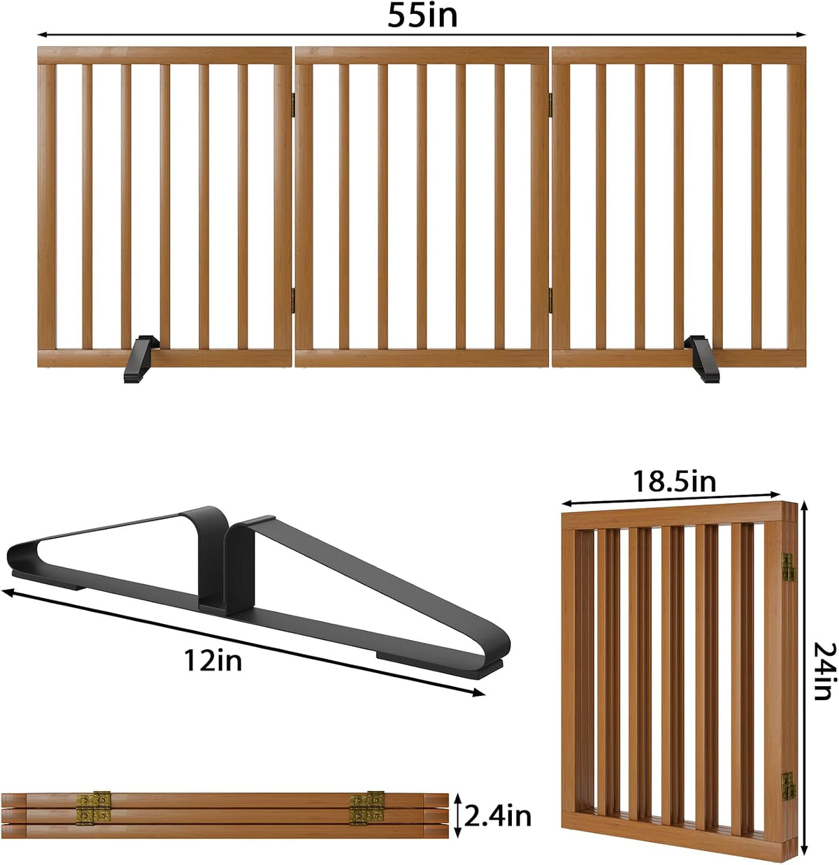 Freestanding Pet Gate Foldable Dog Gate (55 inches Wide) Walnut Bamboo Dog Gates for Stairs Doorways House (2 Support Feet Included)