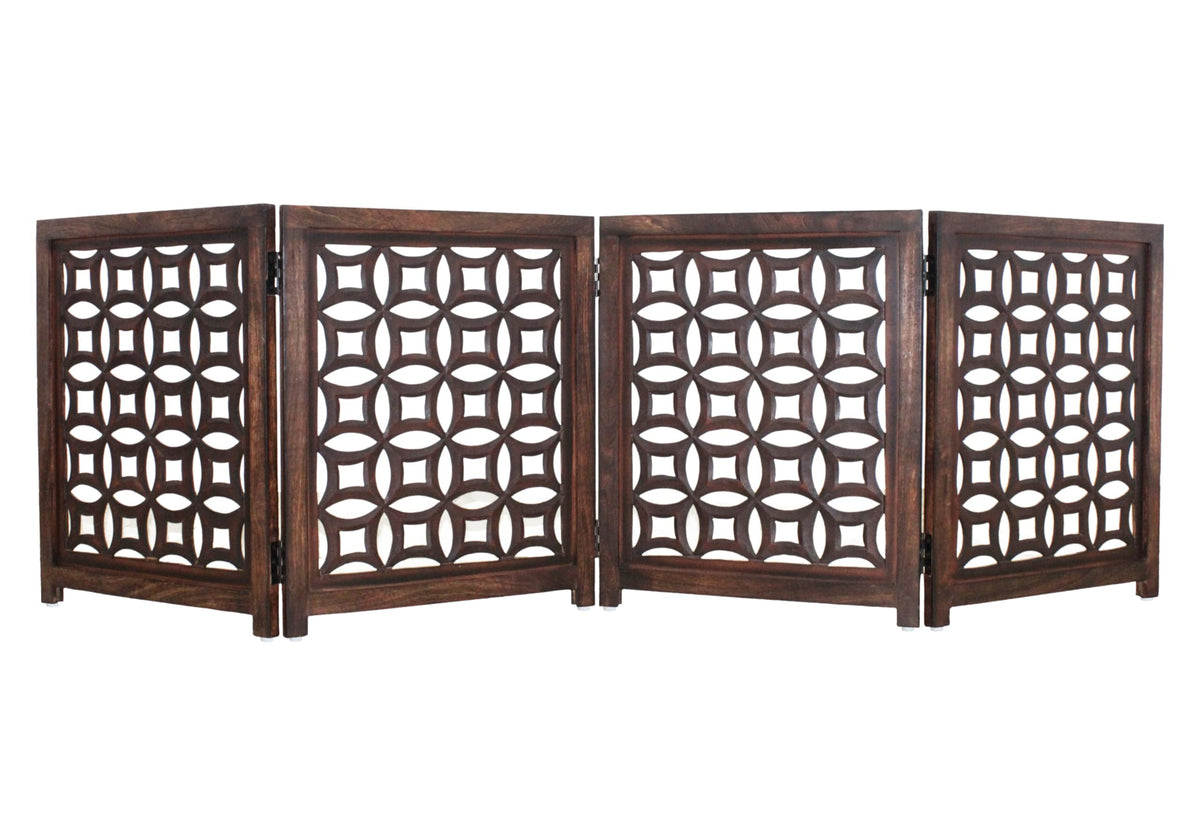 Wooden Foldable Pet Dog Gate - Hand Carved 3-Panel 60 W x 24 H