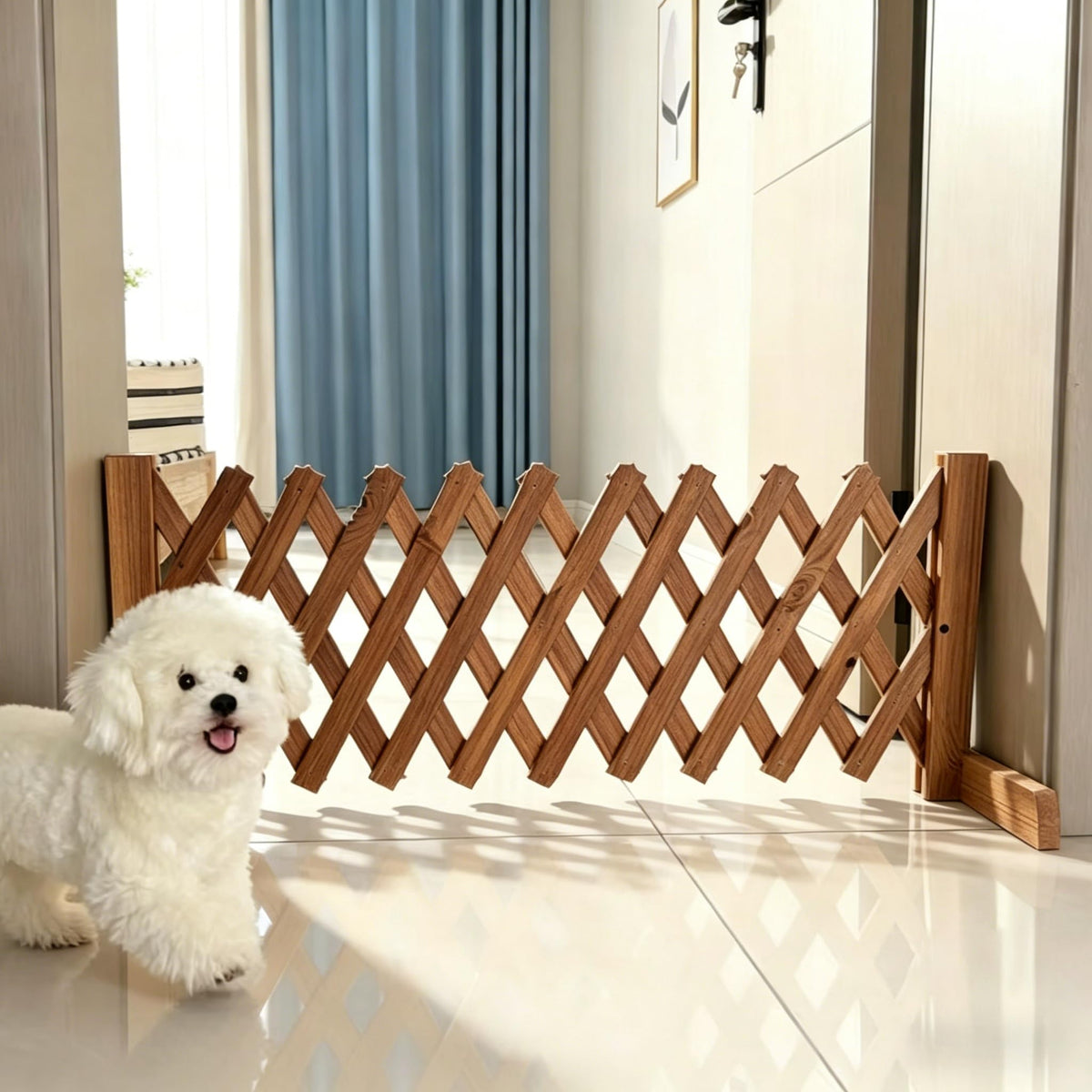 Expandable Wooden Dog Gate, Indoor Outdoor Dog Fence(Wood,L)