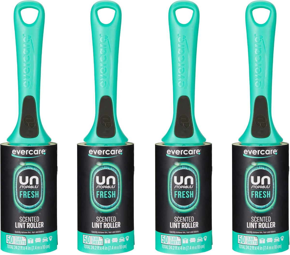 Evercare with Unstopables Fresh Scent All-Purpose Lint Roller, 4-Pack, 50 Layers Per Roller, Total 200 Sticky Sheets, Pet Hair & Lint Remover