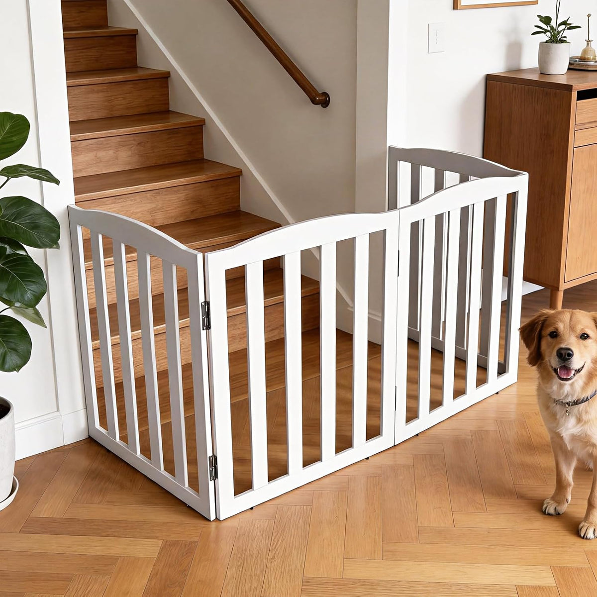 Freestanding Dog Gate Indoor,Doggie Gate Foldable Pet Gates for Doorways,Stairs or Hallways, Wooden White Pet Gate for the House, Pet Fence with Support Feet Included,24 "Height-3 Panels