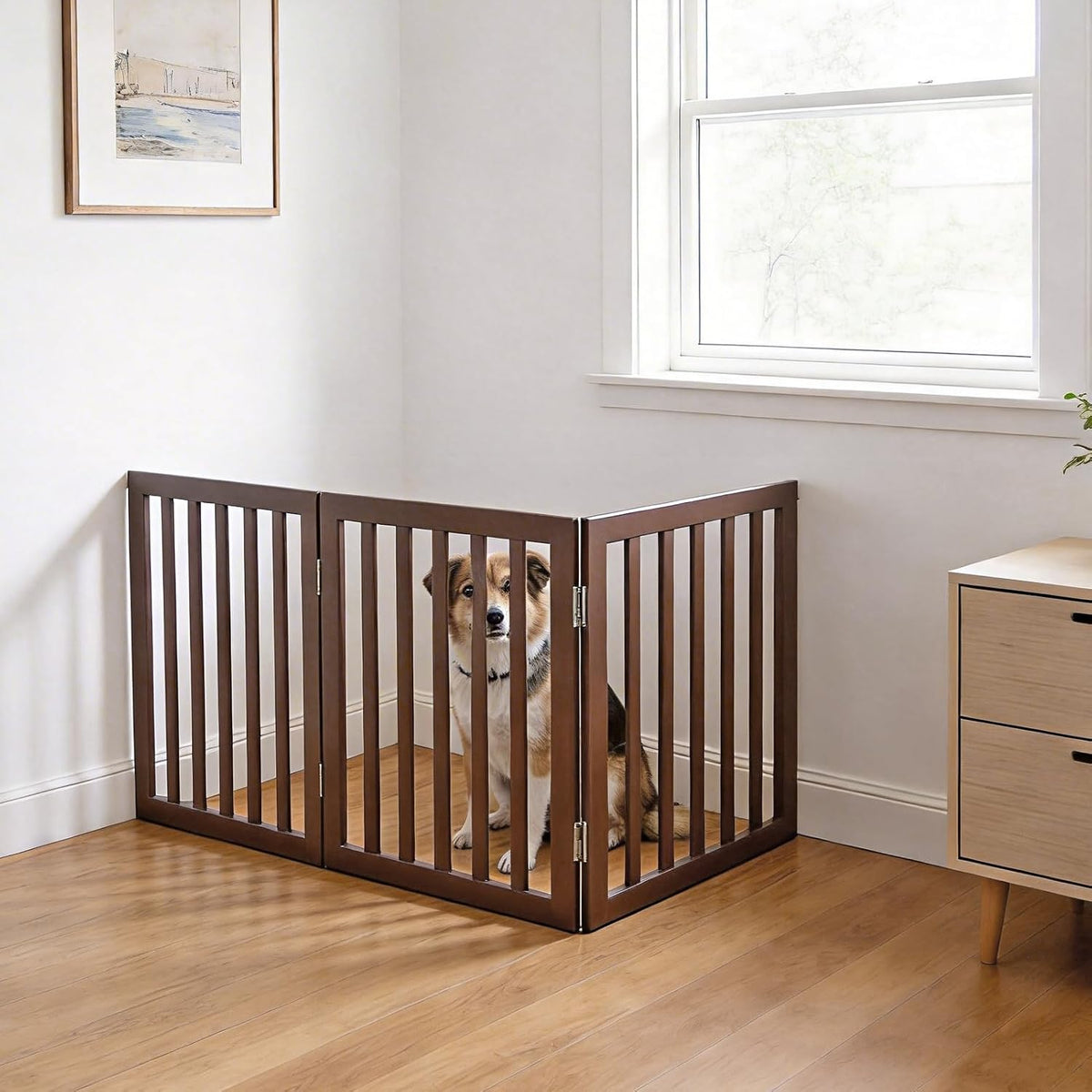 Dog Gate Indoor, Freestanding Dog Fence for The House, Doorways, Hallways,or Stairs,Pet Gate Foldable Wooden,Expandable 24" Height 3 Panels,Brown