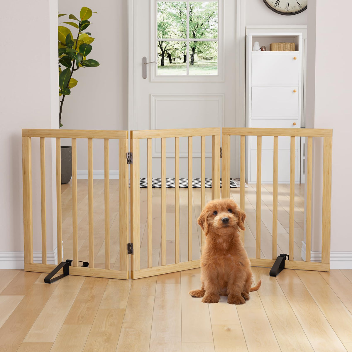 Semiocthome Dog Gate Indoor 2-Panel Freestanding Puppy Gates for The House with 2 Metal Stands 24" H Folding Wood Pet Gate for Stairs Doorway, Fully Assembled Safety Fence - Walnut