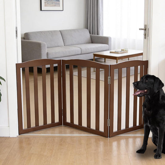 ZJSF Foldable Freestanding Indoor Dog Gate for House Wood White Long Pet Gates Dog Fence for Stairs Puppy Gates for Hallways, Puppy Gate,Support Feet Included, Brown, 24 "Height-3 Panels