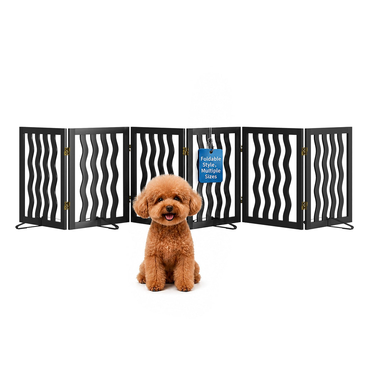 Semiocthome Dog Gate Wooden 360° Foldable 24 Inch Height Freestanding Pet Safety Gate with 2 Metals Stands for Puppy Indoor House Use (Brown, 2-Panel, Rounded Corner Pattern)