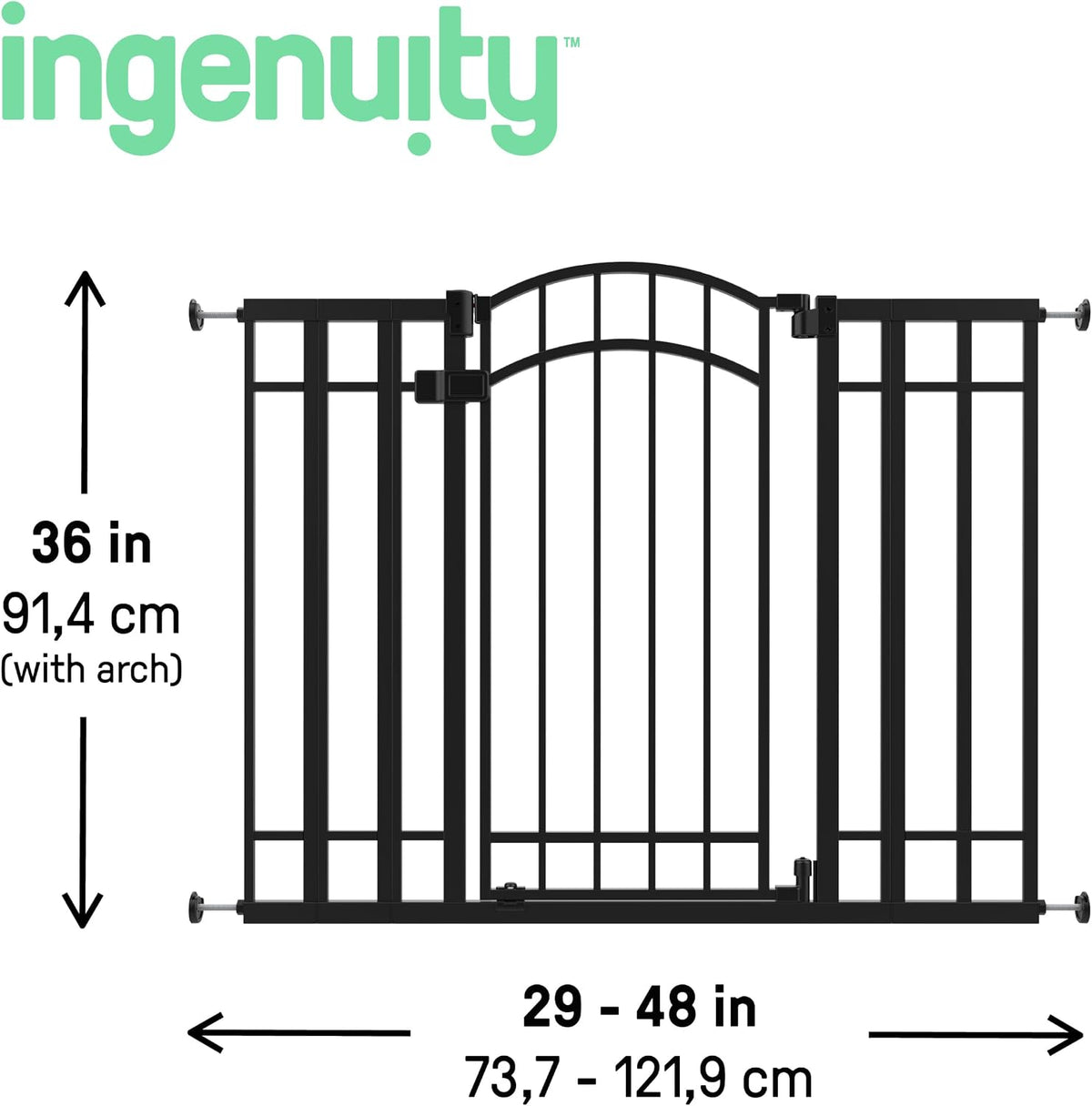Ingenuity Multi-Use Decorative Extra Tall Walk-Thru Baby Gate, Fits Openings 28.5-48 Inch (Pack of 1), Black Metal, for Doorways and Stairways, 36' Tall Baby and Pet Gate, Black, One Size