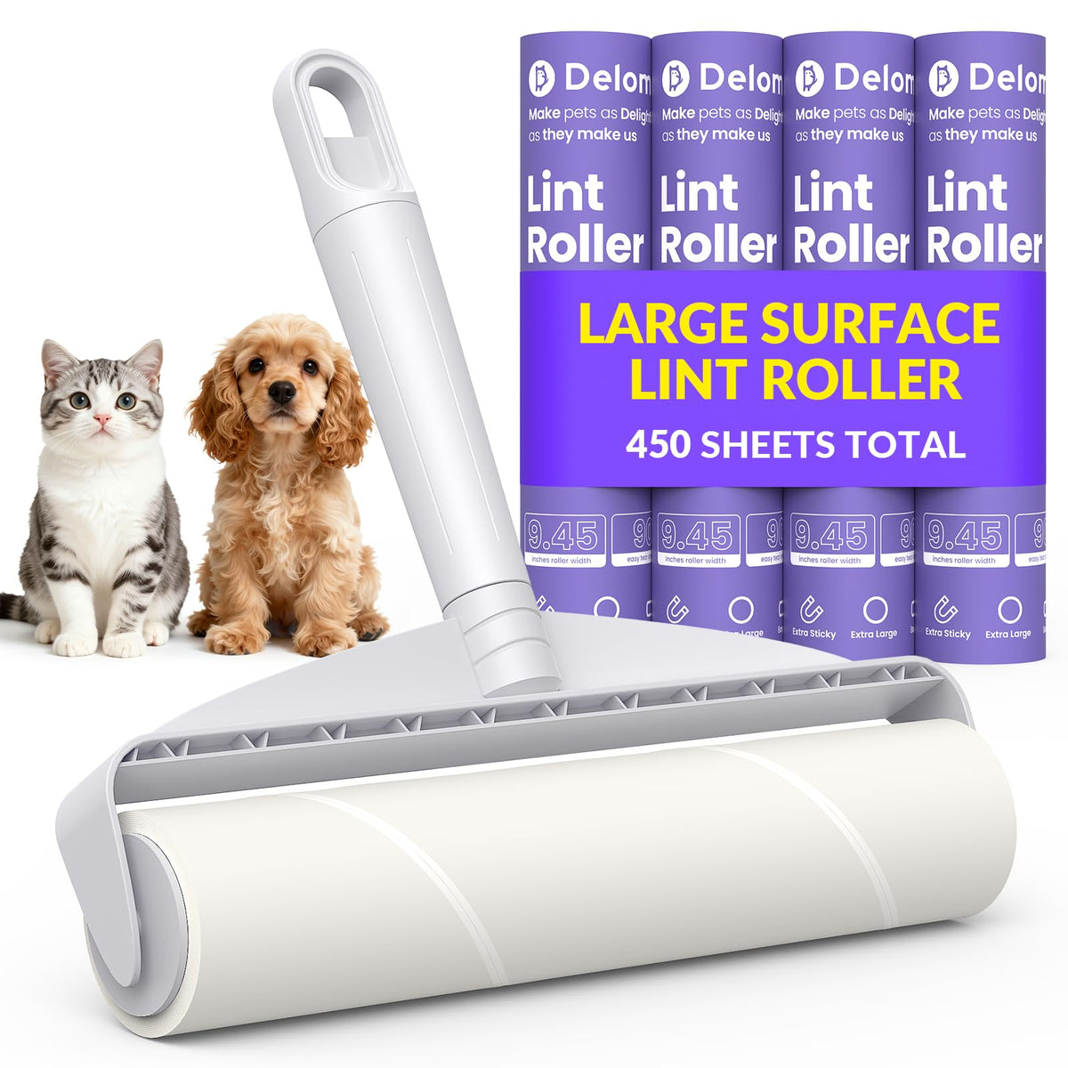 DELOMO 9.45” Large Lint Roller for Pet Hair, Long & Short Handles, 2 Packs