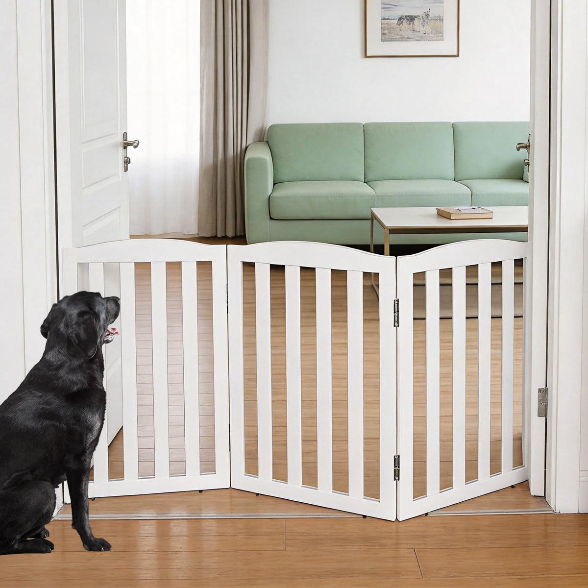 Freestanding Dog Gate Indoor,Doggie Gate Foldable Pet Gates for Doorways,Stairs or Hallways, Wooden White Pet Gate for the House, Pet Fence with Support Feet Included,24 "Height-3 Panels