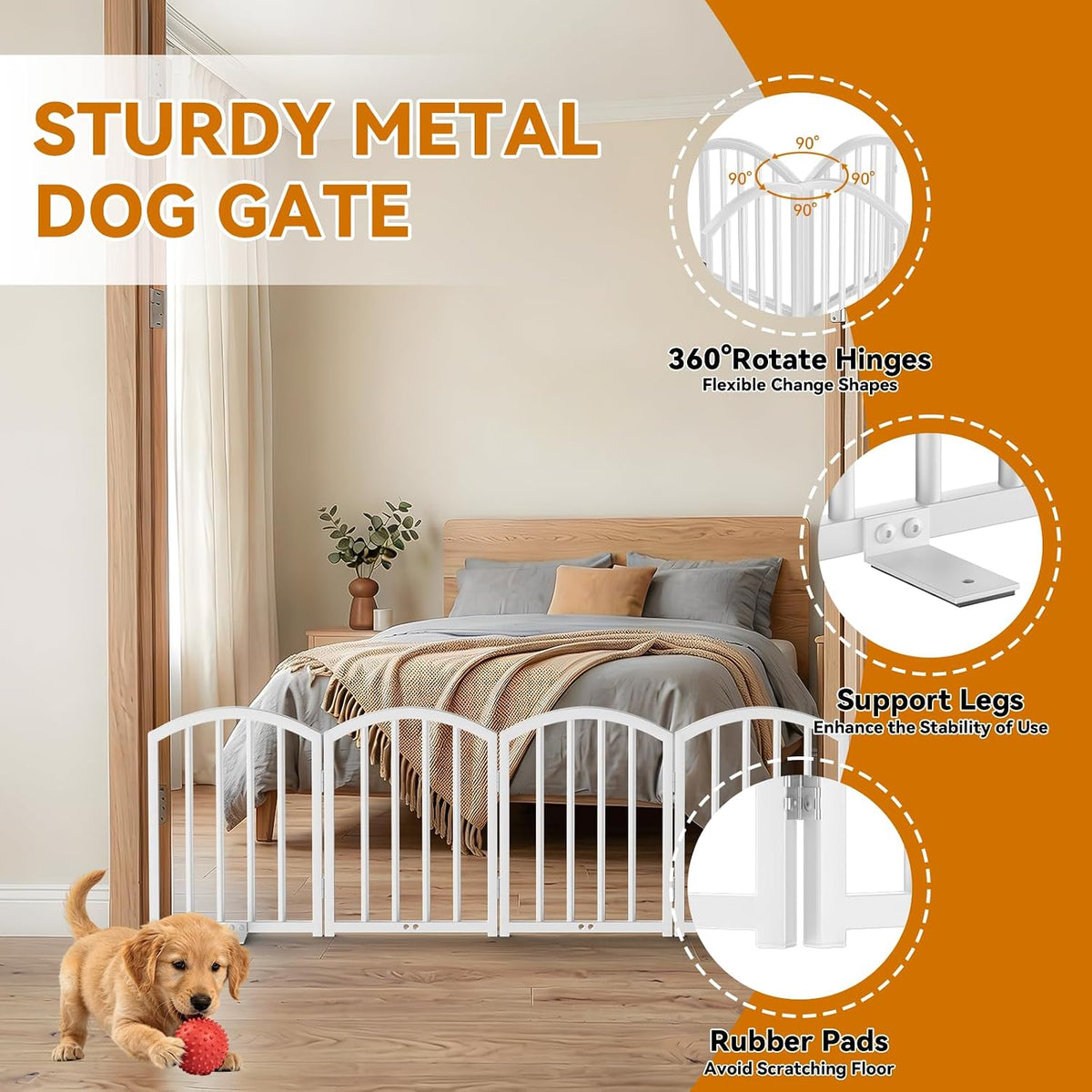 SNUOWU 16 Inch Full Metal Freestanding Short Dog Gate for Small Dogs, Foldable 4-Panel Pet Barrier, Expands Up to 48" Wide, Indoor Safety Fence for Doorway, Home & Stairs, White
