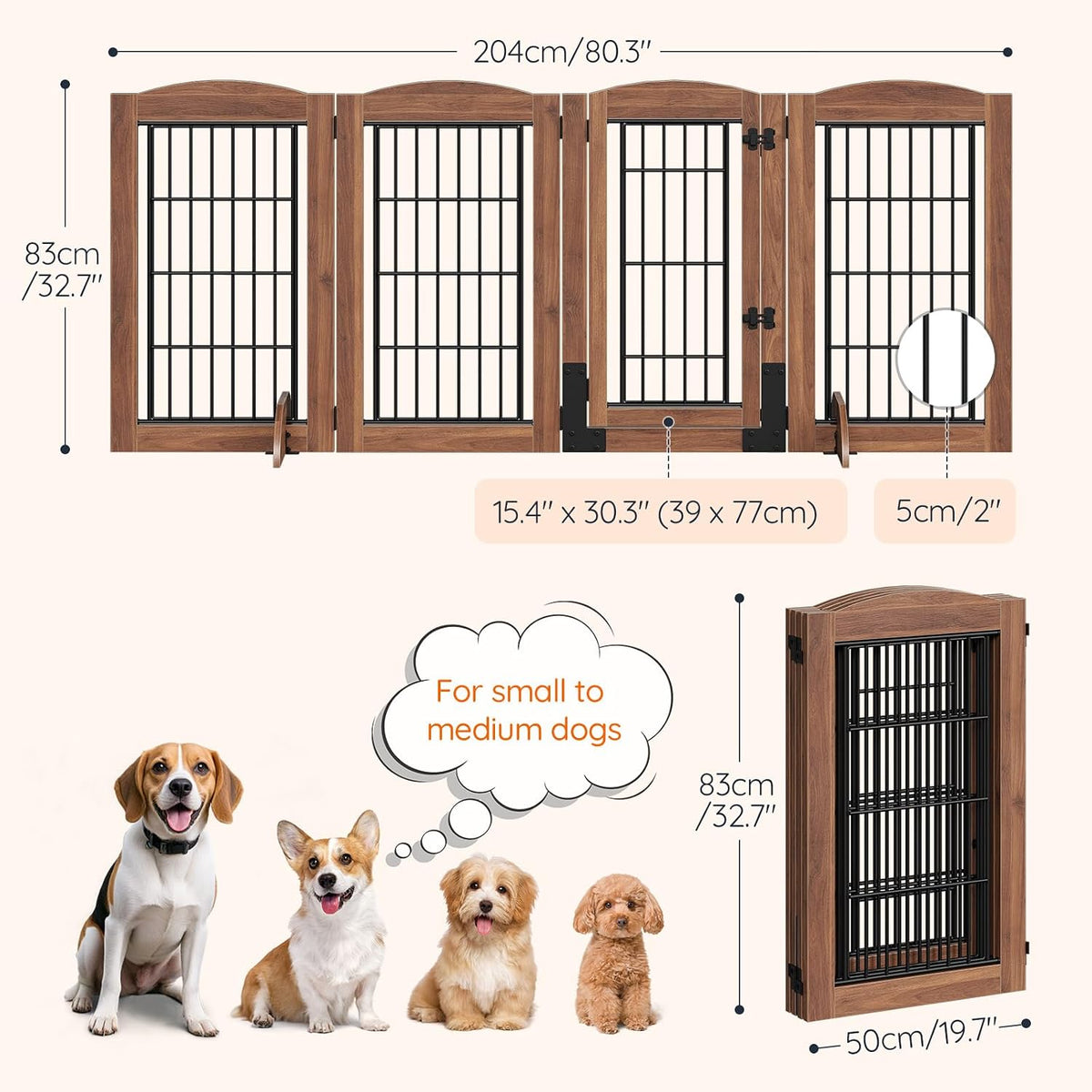 HOOBRO 4 Panels Dog Gate Indoor with Door, 32.7'' Tall Freestanding Pet Gate with 2 Support Feet, Foldable Dog Fence for Doorways, Stairs, Wooden Pet Puppy Safety Fence, Walnut BH86PP03N1