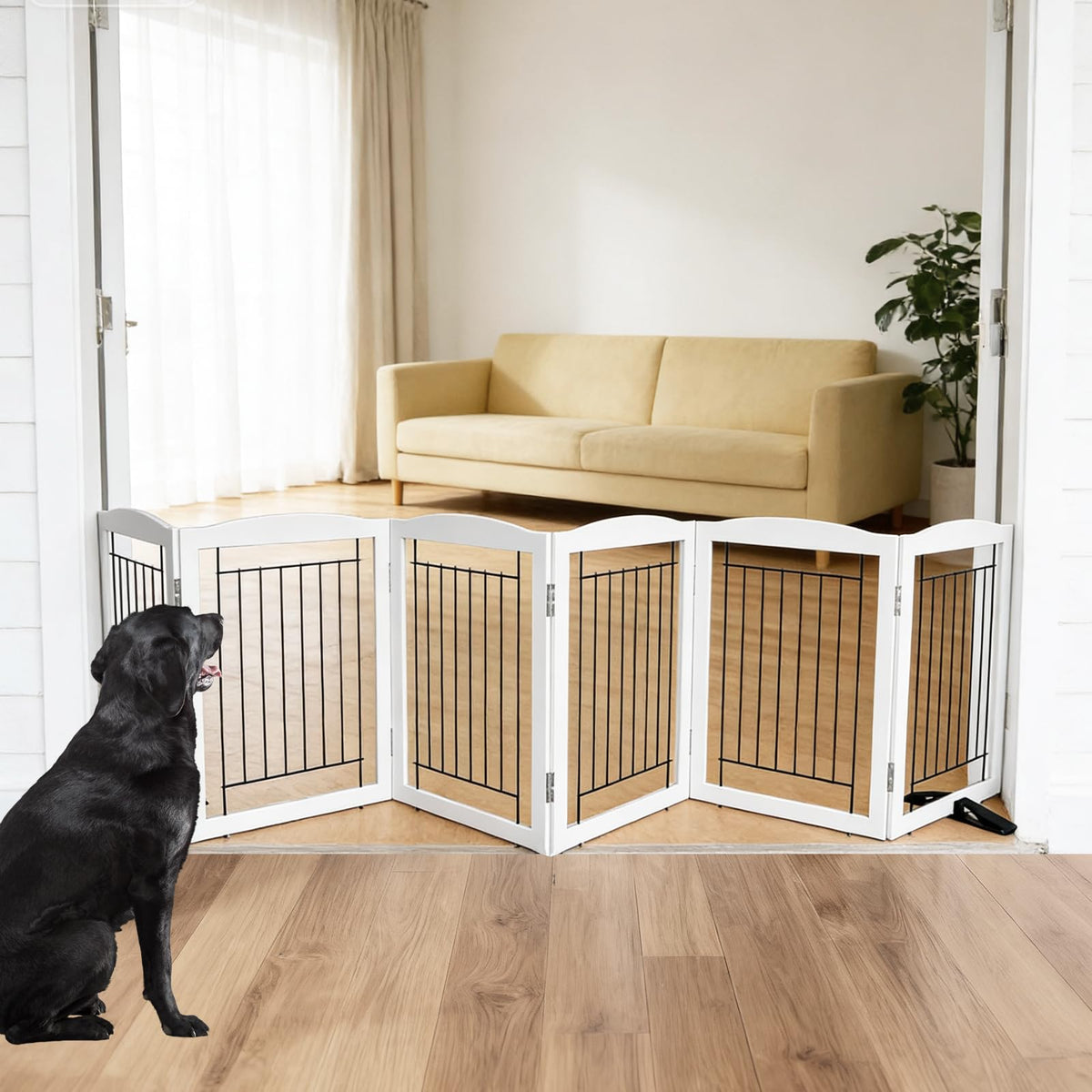 Dog Fence Indoor,Dog Gate Indoor for Doorway pet gate -3-Panel Freestanding, Hallways, House or Stairs -60x24-Inch Retractable Foldable Expandable Wood Pet by SFJC (Brown) ﻿