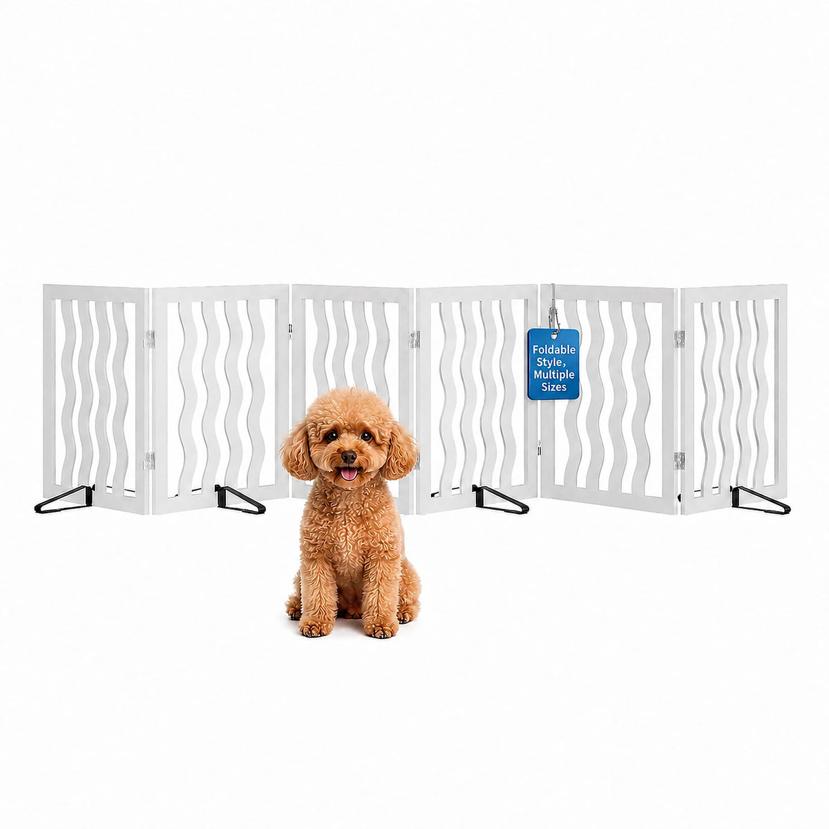 Semiocthome Dog Gate Wooden 360° Foldable 24 Inch Height Freestanding Pet Safety Gate with 2 Metals Stands for Puppy Indoor House Use (Brown, 2-Panel, Rounded Corner Pattern)