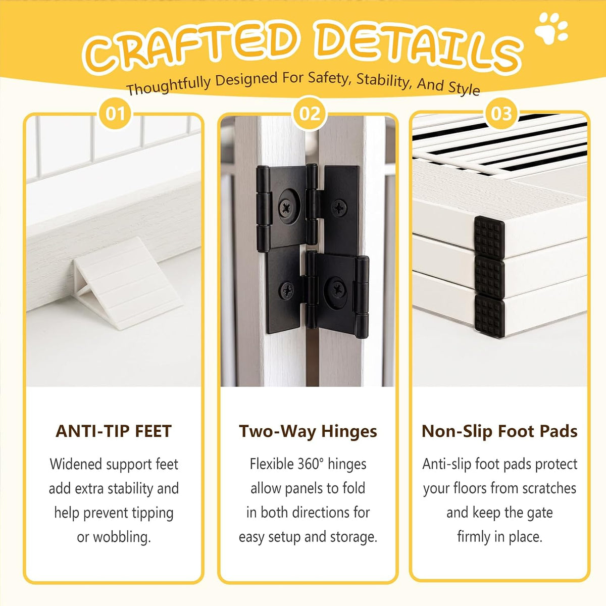 Faesun Dog Gate Indoor, Freestanding Dog Fence, 59x24-Inch Wooden Pet Gate for Dogs, 3-Panel Puppy Gates for Doorways, Hallways, Stairs, White