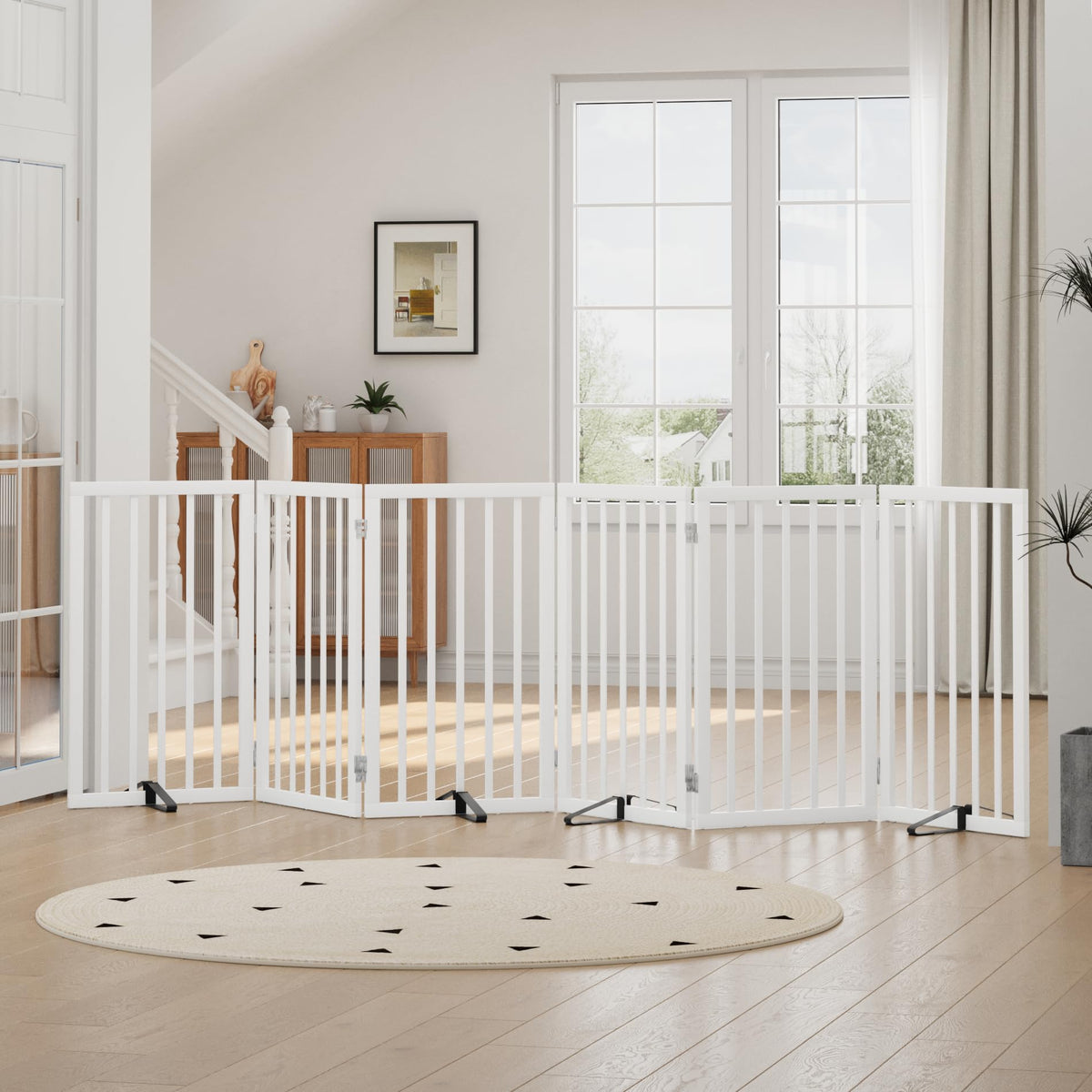 Dog Gates for Doorways, Tall Dog Gate Indoor, Foldable Pet Gates for Doorways Bedroom, Freestanding Puppy Gate with Metal Support Feet, Room Divider,3 Panels (Walnut)