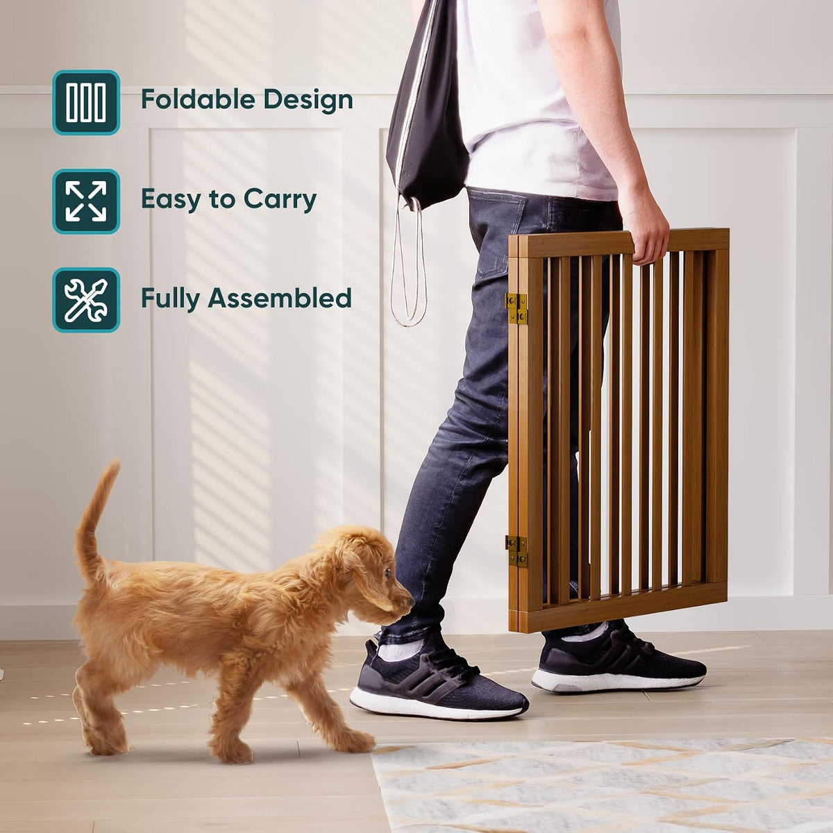 Semiocthome Dog Gate Indoor 2-Panel Freestanding Puppy Gates for The House with 2 Metal Stands 24" H Folding Wood Pet Gate for Stairs Doorway, Fully Assembled Safety Fence - Walnut
