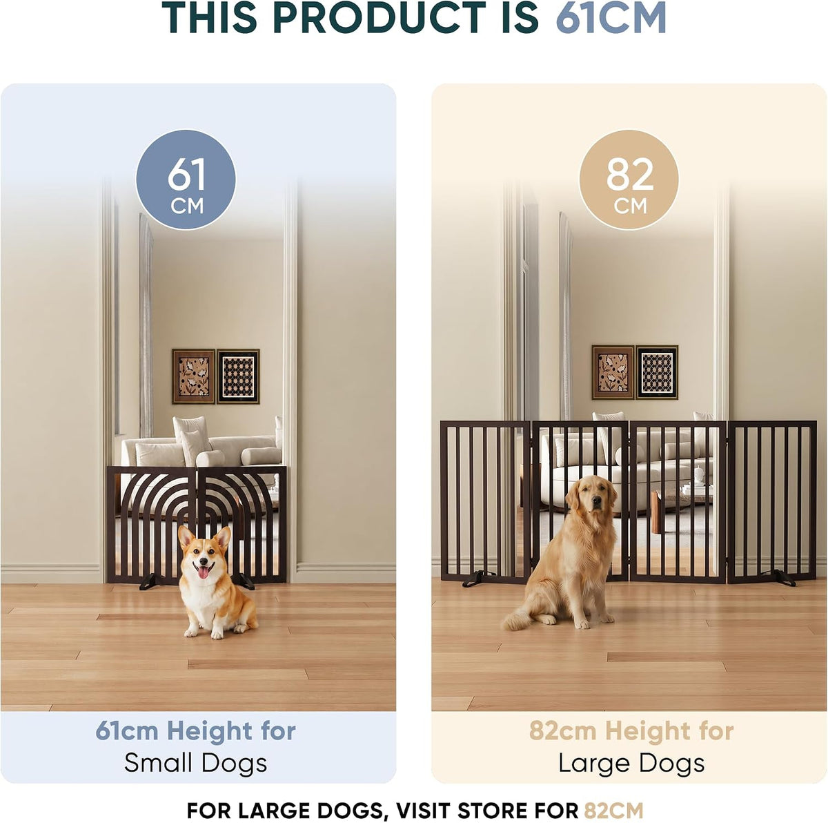 Semiocthome Dog Gate Wooden 360° Foldable 24 Inch Height Freestanding Pet Safety Gate with 2 Metals Stands for Puppy Indoor House Use (Brown, 2-Panel, Rounded Corner Pattern)