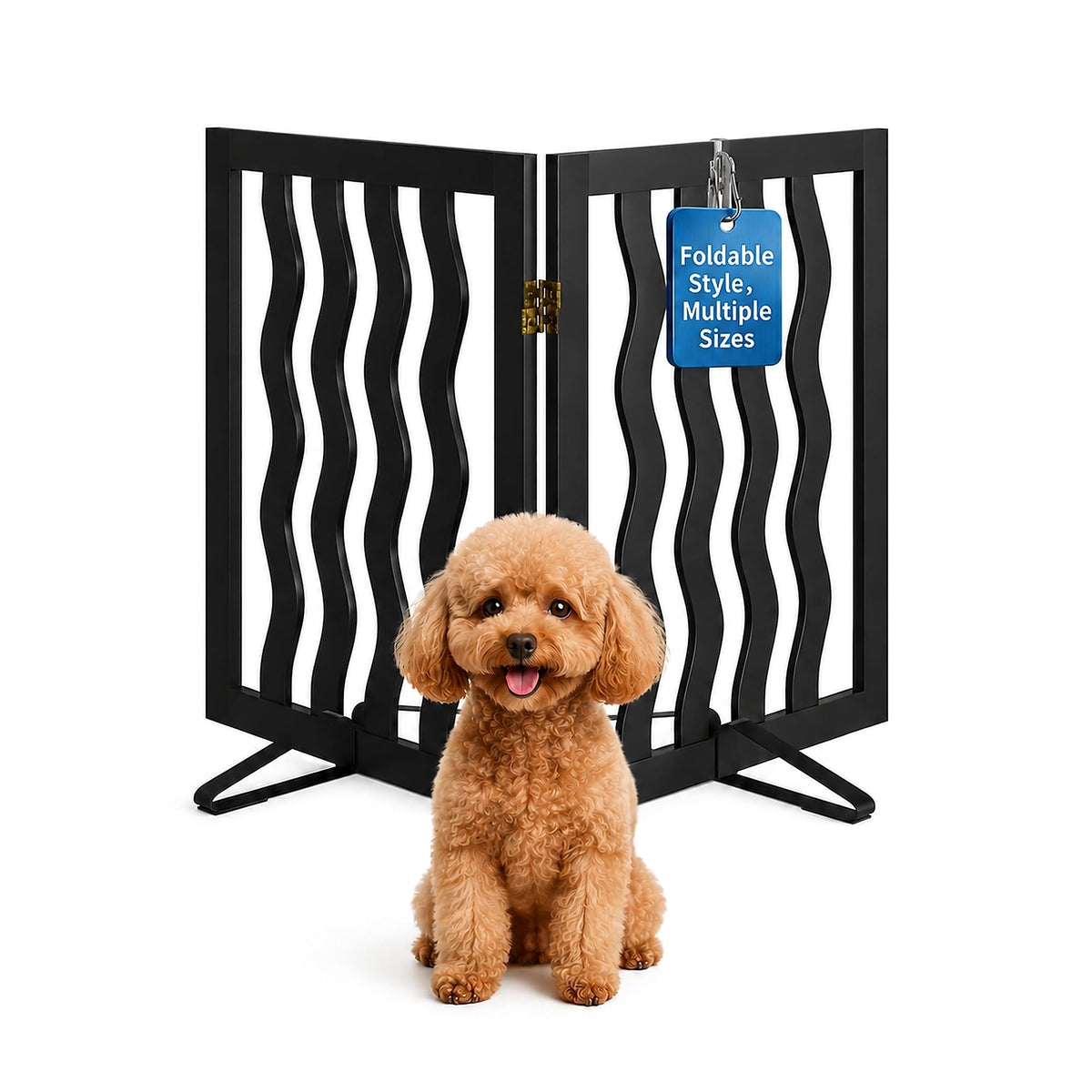 Semiocthome Dog Gate Wooden 360° Foldable 24 Inch Height Freestanding Pet Safety Gate with 2 Metals Stands for Puppy Indoor House Use (Brown, 2-Panel, Rounded Corner Pattern)
