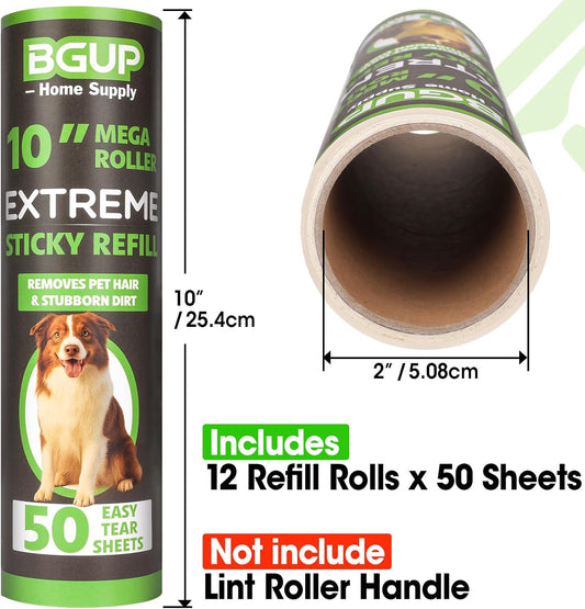 10 Inch Lint Roller Refills, 12 Rolls 600 Sheets Large Lint Rollers for Pet Hair Extra Sticky, Easily Remove Carpets, Clothes, Couch and Curtains Dust (Not Include Lint Roller Handle)