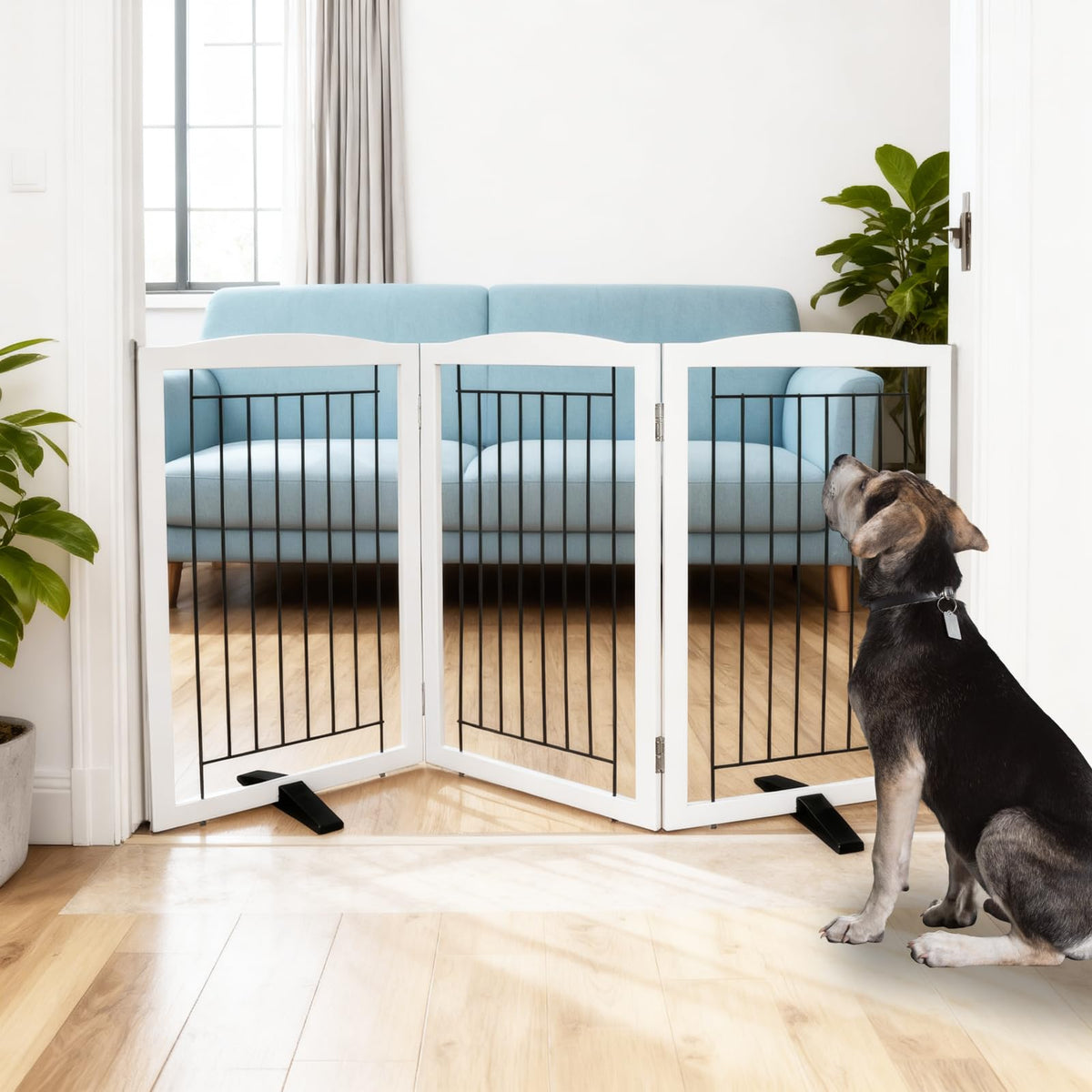 Dog Fence Indoor,Dog Gate Indoor for Doorway pet gate -3-Panel Freestanding, Hallways, House or Stairs -60x24-Inch Retractable Foldable Expandable Wood Pet by SFJC (Brown) ﻿