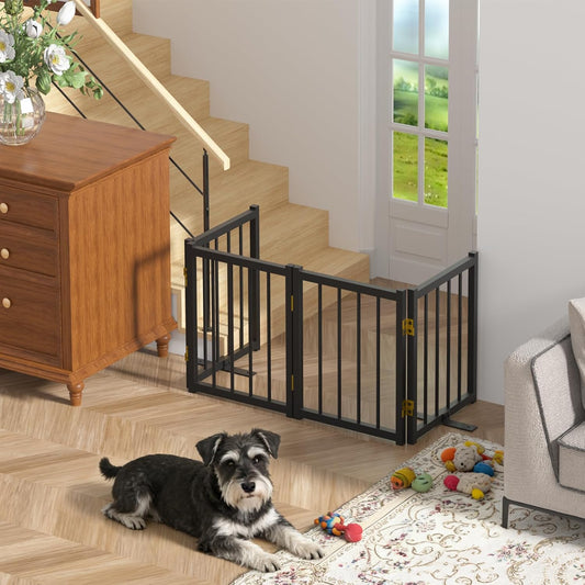 Snuowu 16" Freestanding Short Dog Gate for Small Dogs – Foldable & Retractable, Expands Up to 48" Wide, 4-Panel Pet Barrier for Doorways, Stairs & Hallways (Black)