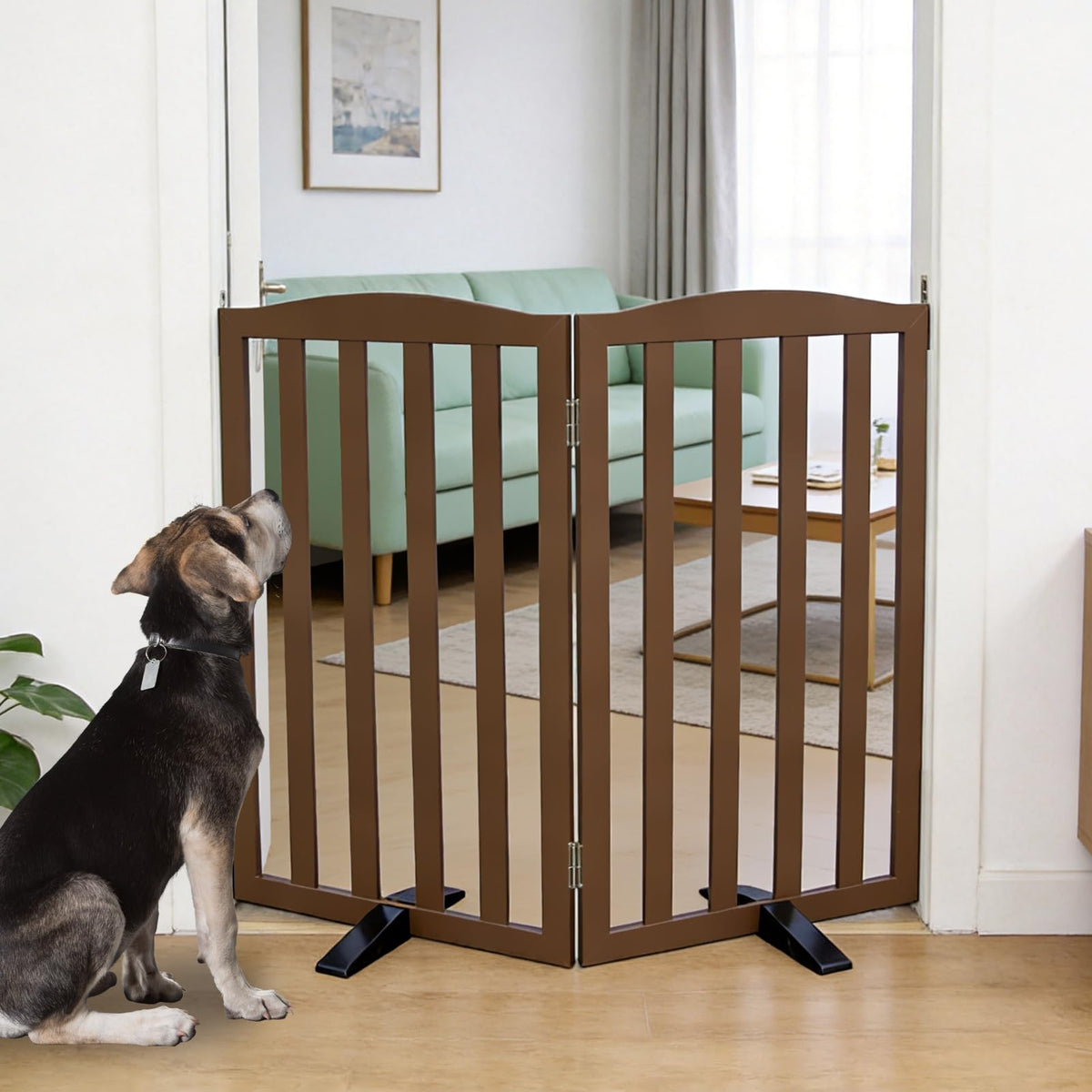 Freestanding Dog Gate Indoor,Doggie Gate Foldable Pet Gates for Doorways,Stairs or Hallways, Wooden Brown Pet Gate for the House, Pet Fence with Support Feet Included,24 "Height-2 Panels